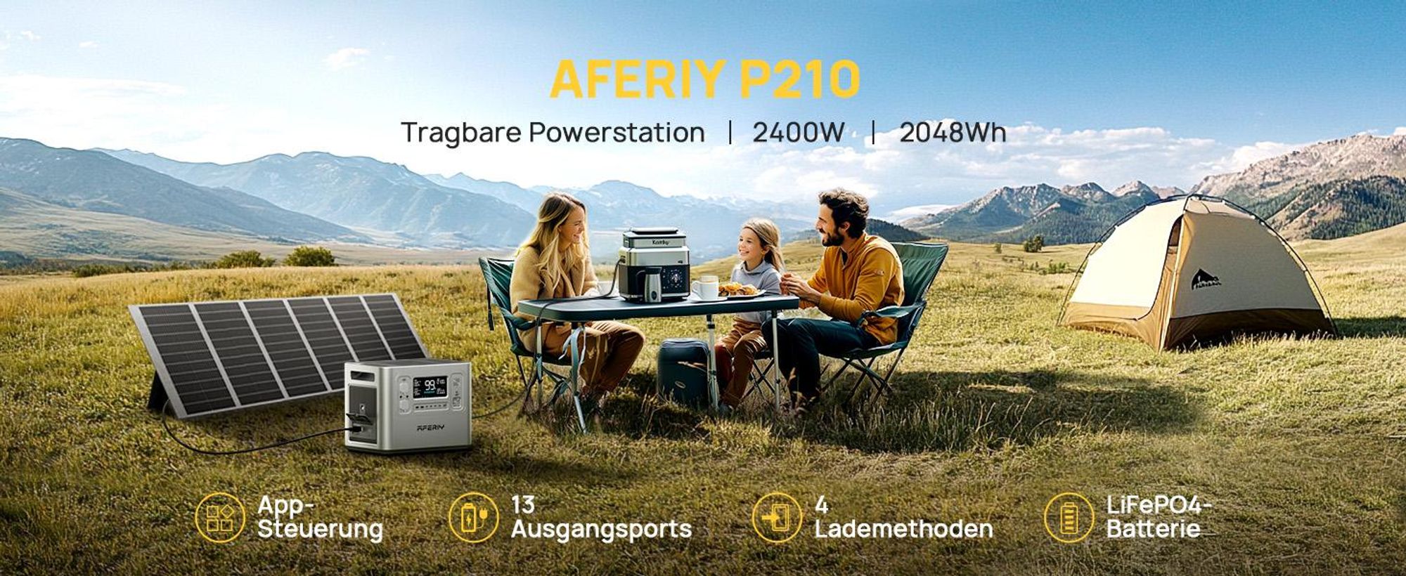 AFERIY P210 Powerstation 2400W 2048Wh LiFePO4 Solargenerator, 1,5 Std. Schnellladung, USV unter 10 ms, App-Steuerung