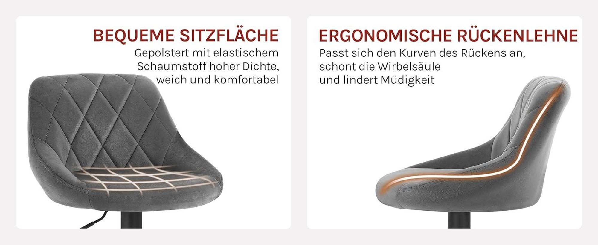 WOLTU Barhocker 2er Set, Barstuhl, Gute gepolsterte Sitzfläche aus Samt, Höhenverstellbar, 360° Drehbar, Dunkelgrau