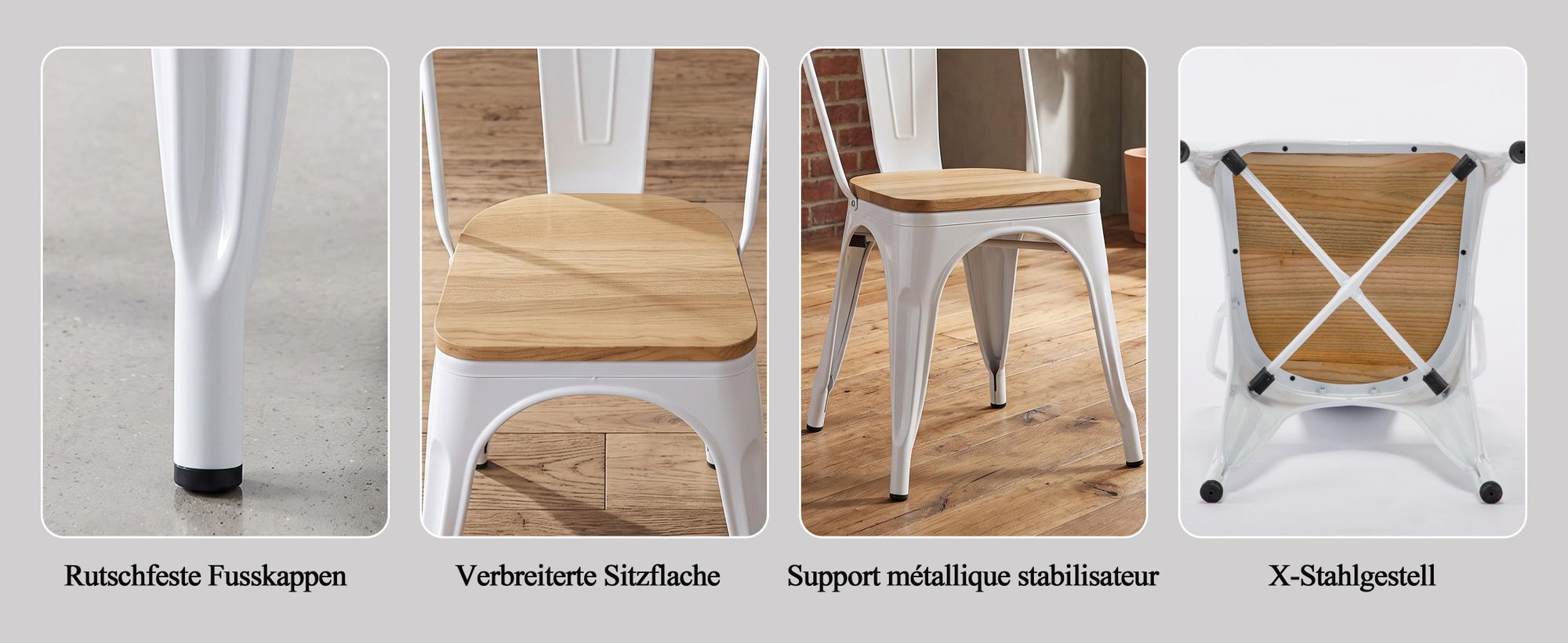 4x chaise de cuisine chaise de salle à manger en METAL assise en bois empilable, couleur:blanc+bois naturel, matériau:métal