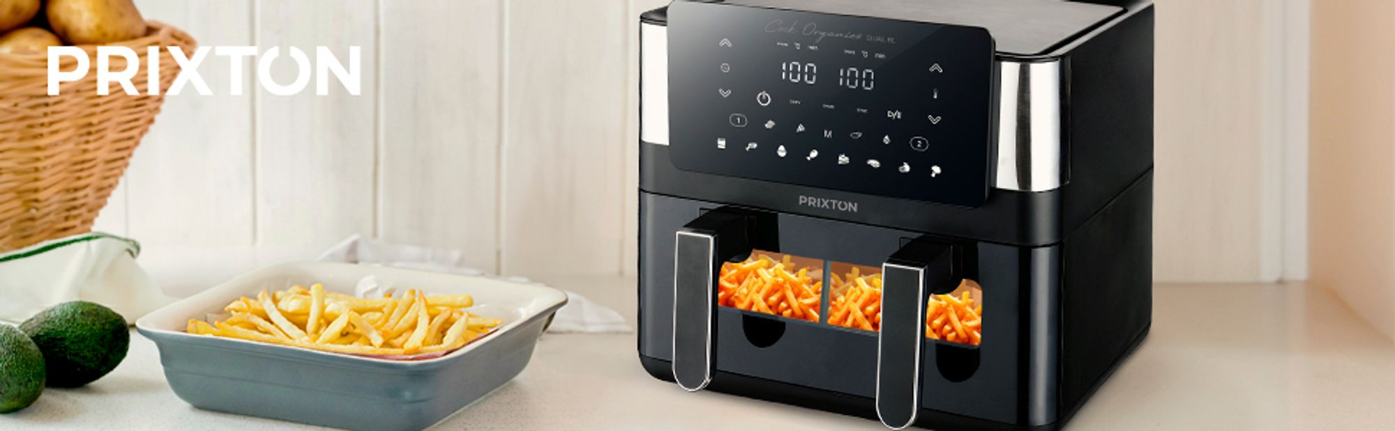 PRIXTON Heißluftfritteuse 8 Liter Cook Organics | Airfryer mit Doppelkammer (2 x 4L Kammer), Fenster, Touchscreen, leuchtendem Design, Schwarz