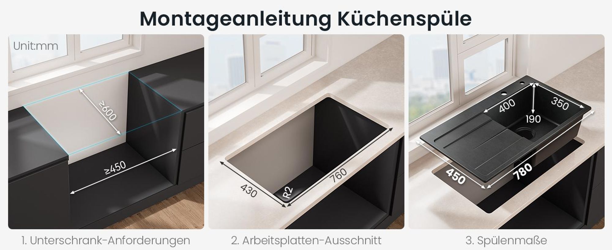CECIPA Granitspüle & Küchenspüle 78 x 45 cm mit Abtropffläche Quarzkomposit Einbauspüle Schwarz Hitzebeständig Kratzfest mit Siphon Platzsparend