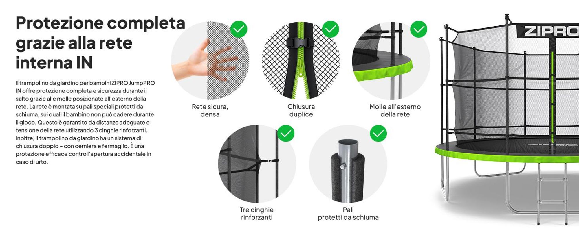 ZIPRO Trampolino Jump Pro IN | 12FT Ø 374 cm | Trampolino da giardino Trampolino per bambini Set completo incl. rete interna, scaletta e copertura perimetrale, per esterni, verde