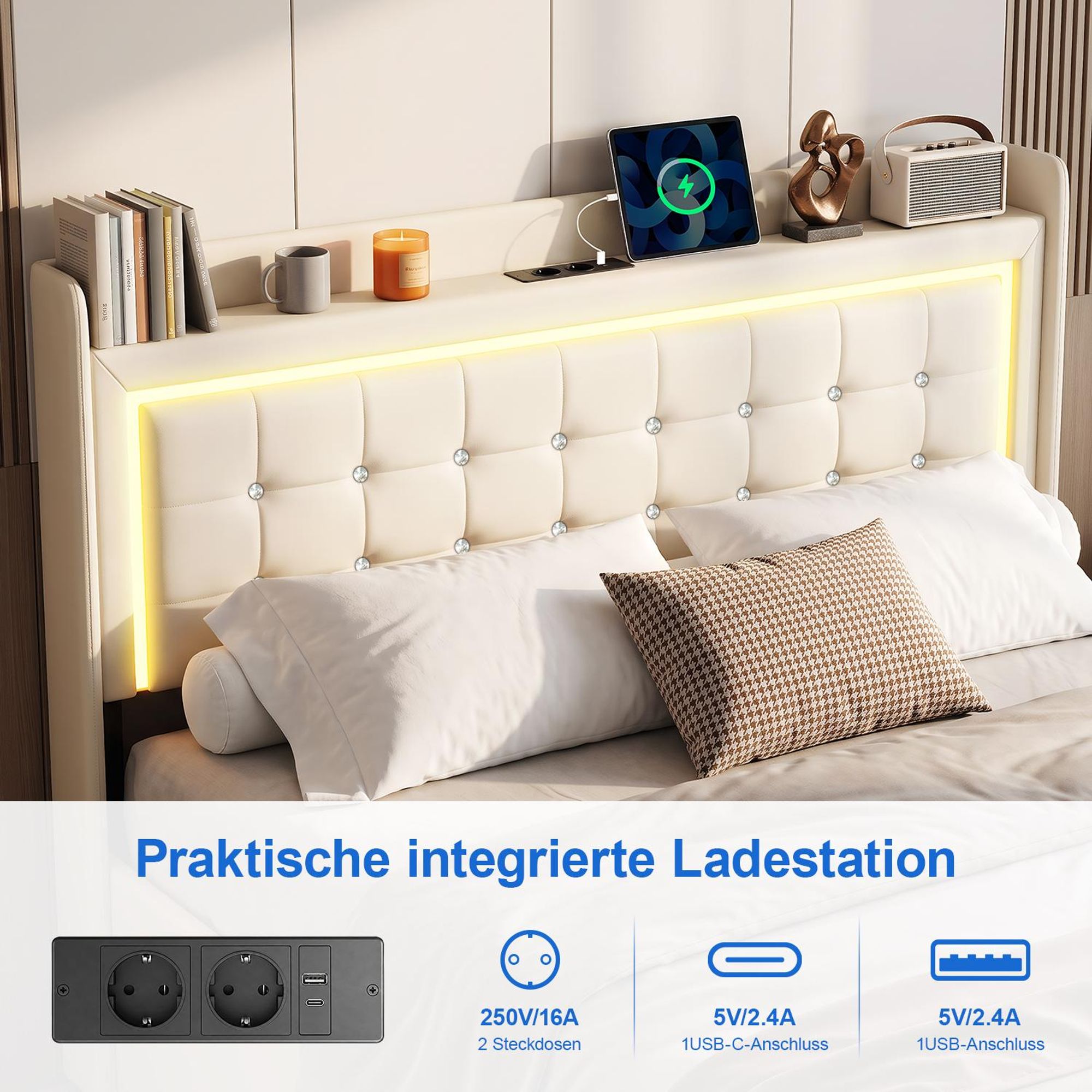OYAJIA Polsterbett 160×200 mit Stauraum Doppelbett mit USB&Type-C und LED-Beleuchtung, Hydraulischer Stauraum, Bettgestell mit Lattenrost aus Holz