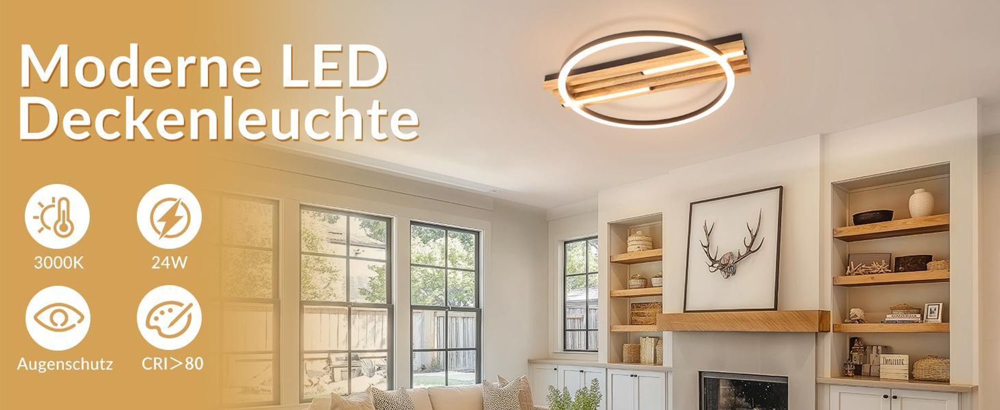 ZMH LED Deckenleuchte Holz Deckenlampe 24W 38cm Schlafzimmer Küche 3000K Warmweiß Schwarz 1 Ring Schlafzimmerlampe Küchenlampe für Wohnzimmer