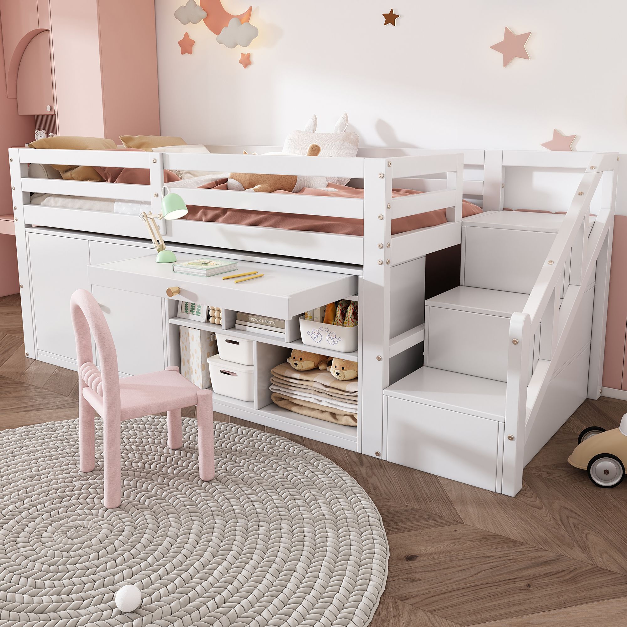 Flieks Etagenbett 90x200cm mit Schrank, Hochbett mit Leiter und Treppe, Kinderbett Stockbett Einzelbett mit Rausfallschutz, Holzbett für Kinder, Weiß