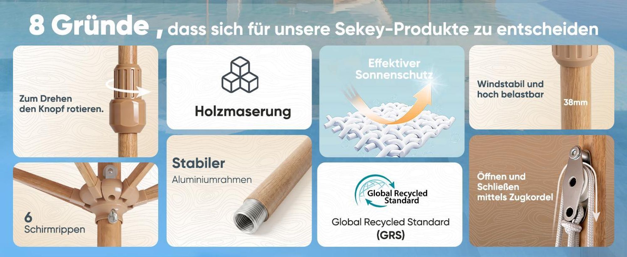 Sekey Rechteckiger Sonnenschirm 200x150 cm Holzoptik, Knickbar, UV-Schutz 50+, Gartenschirm für Balkon und Terrasse, Taupe