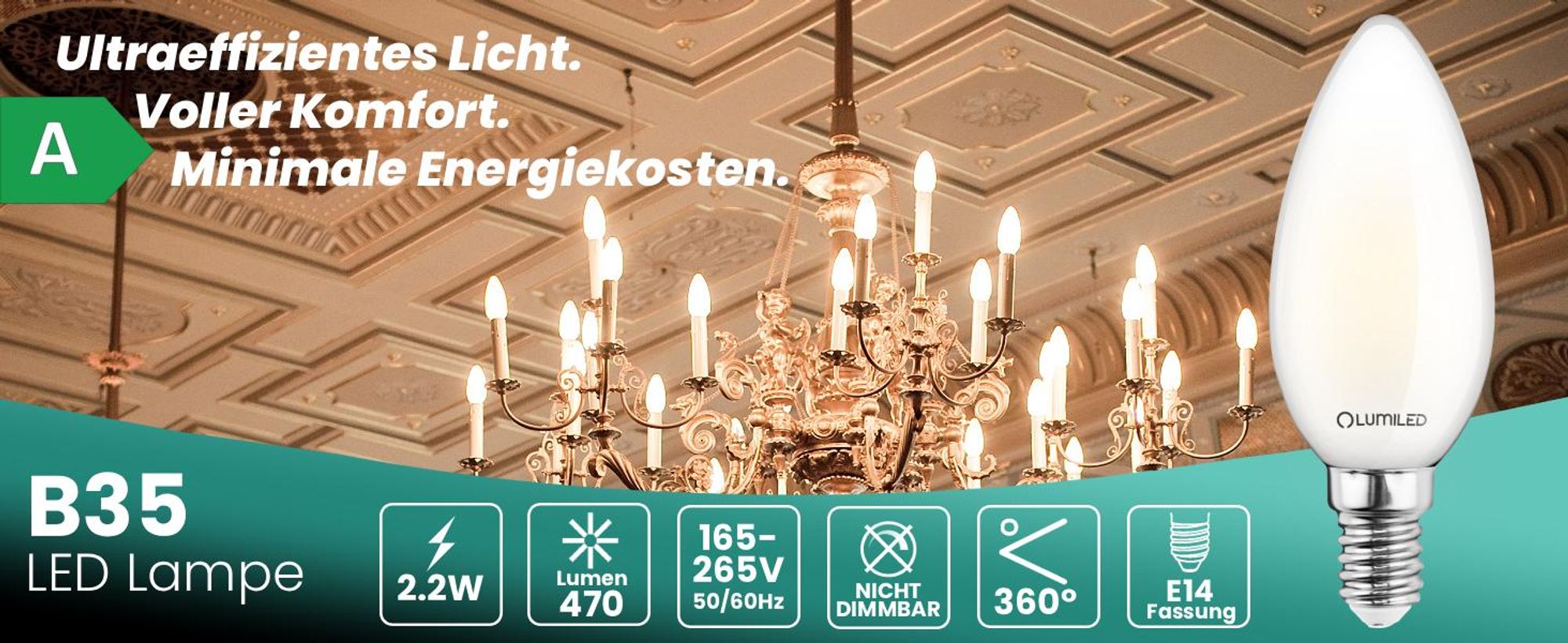 LUMILED 10er Set LED Lampe Ultraeffizient B35 E14 2,2W 470lm ersetzt 40W 2700K Warmweiß Kerzenlampe Filament Milchglas 360° Abstrahlwinkel Nicht Dimmbar 10er Set