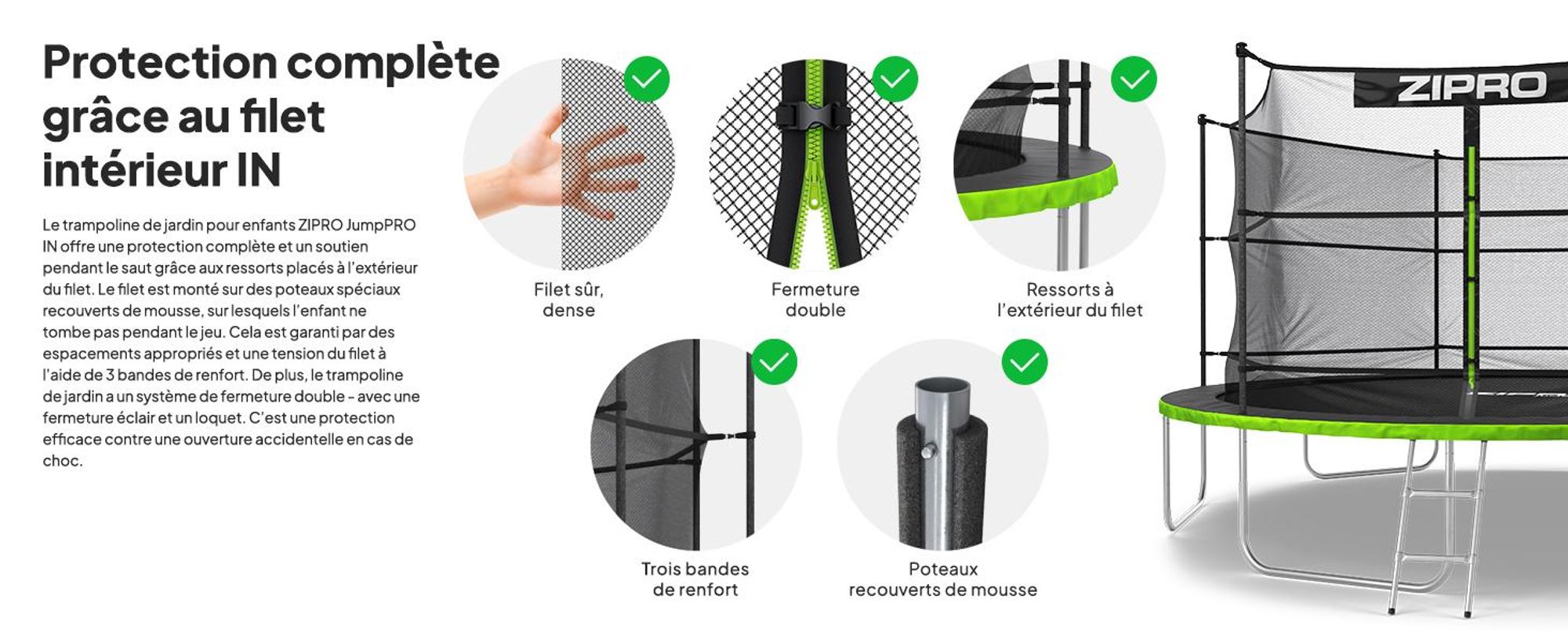 Trampoline ZIPRO Jump Pro IN | 14FT Ø 435 cm | Trampoline de jardin Trampoline pour enfants Kit complet avec filet intérieur, échelle et housse de protection, extérieur, vert
