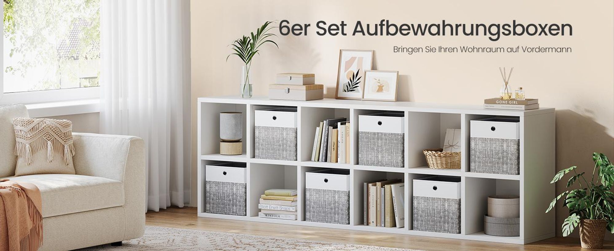 SONGMICS Aufbewahrungskörbe, 6er Set, faltbare Stoffboxen mit PP-Platten, für Regal, 30 x 30 x 30 cm, weiß-grau