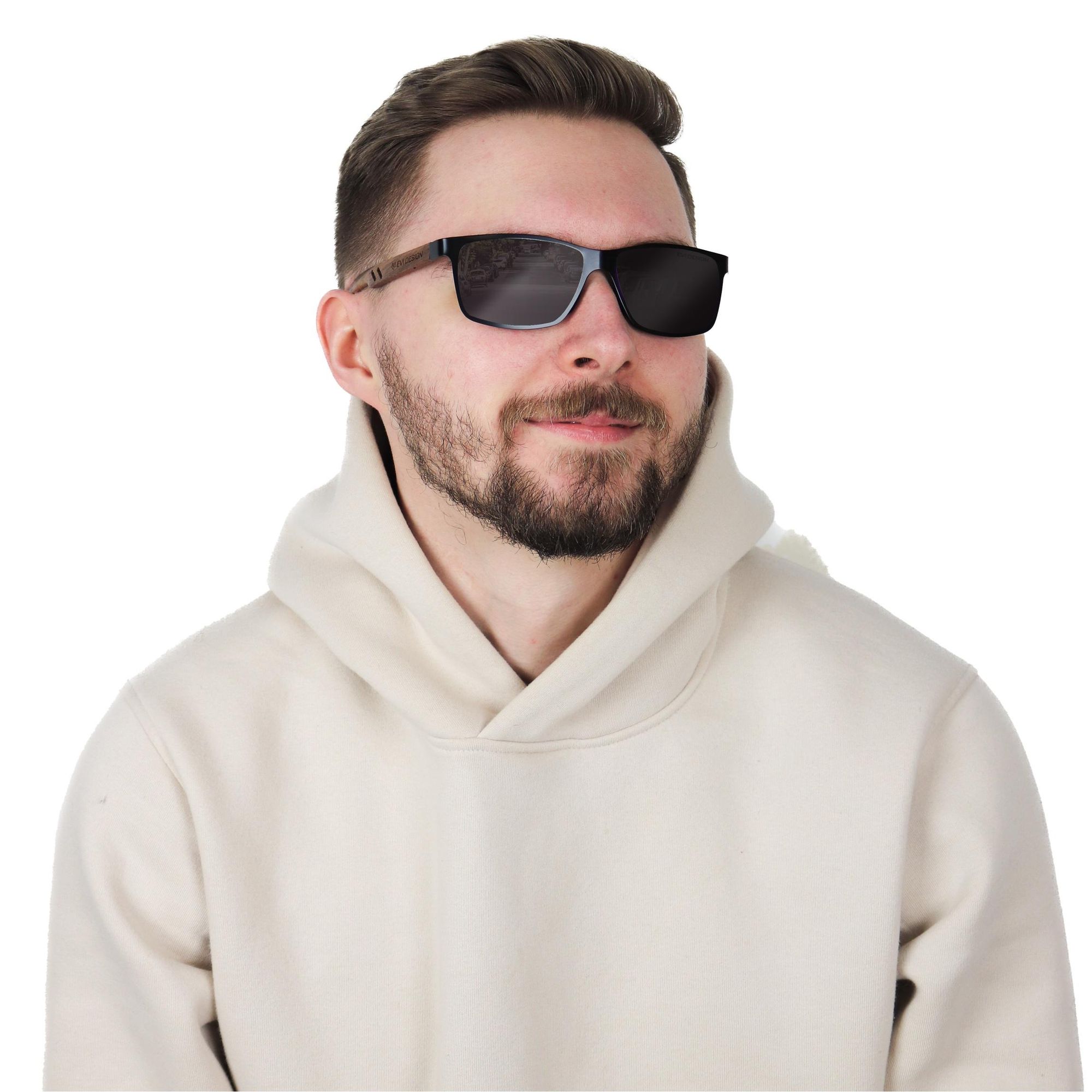 Sonnenbrille Herren Polarisiert UV400, Holz Sonnenbrille Nerd-Stil mit Walnussholz-Bügeln, inkl. Etui & Zubehör, EVI DESIGN, Schwarz