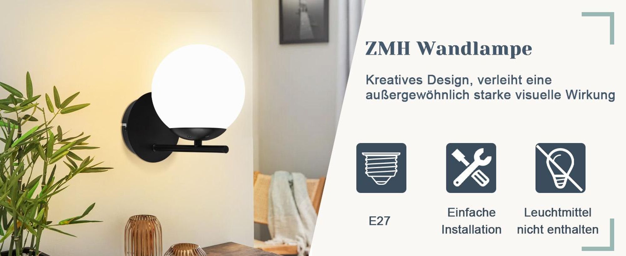 ZMH Wandleuchte Schwarz Wandlampe Innen Moderne Glas Bettlampe E27 Wandbeleuchtung Nachtlampe für Treppenhaus Wohnzimmer Schlafzimmer Flur Kinderzimmer  Ohne Leuchtmittel