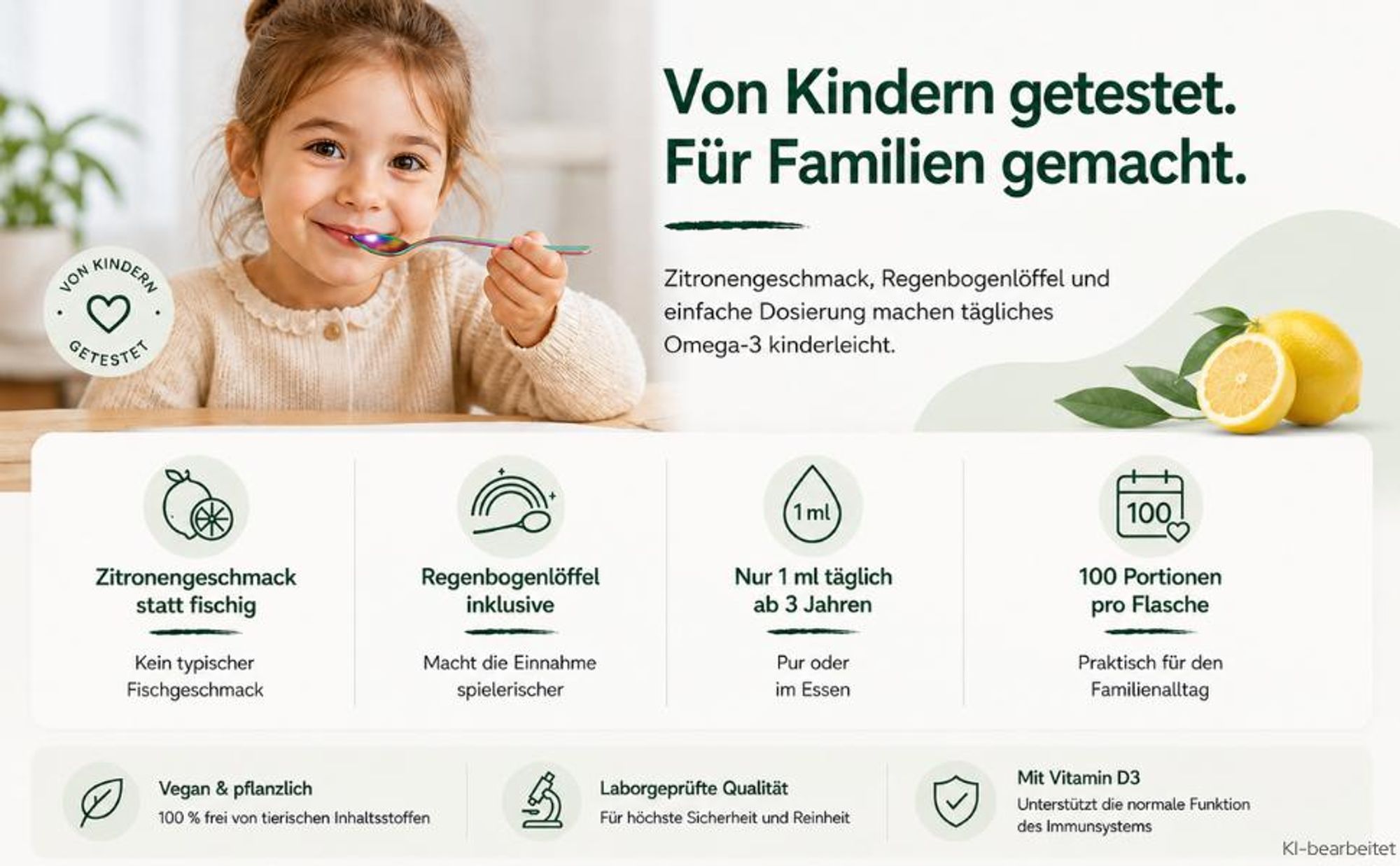 Omega-3 Algenöl Kinder ab 3 - DHA & EPA + Vitamin D3 - ohne Fischgeschmack - 100 Portionen -mit Regenbogenlöffel - 305 mg Omega 3 pro Tag
