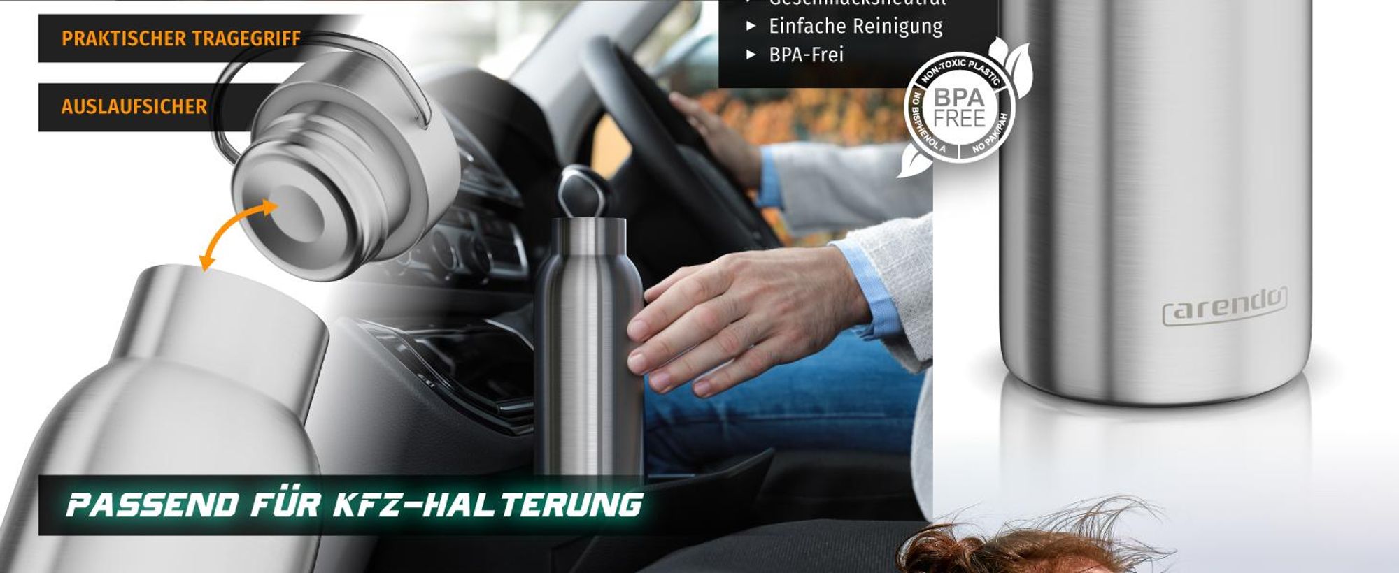 Arendo Edelstahl-Trinkflasche 500 ml, Vakuum-isoliert, 24h kalt & 12h warm, kohlensäurefest, BPA-frei, auslaufsicher, spülmaschinengeeignet, mit Griff