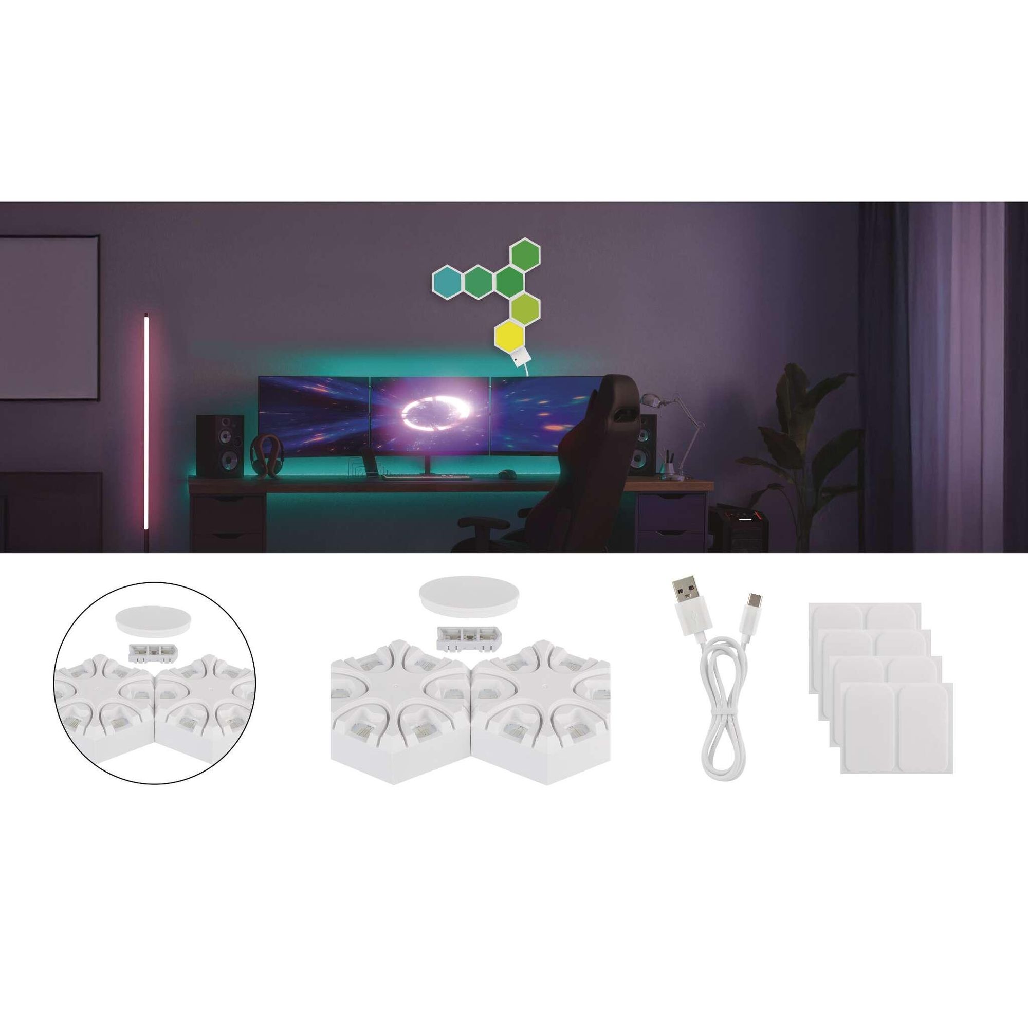 EMOS Smart Hexagon stolní a nástěnná lampa, 6 šestiúhelníkových prvků 2 v 1, WiFi+App, RGBIC, stmívatelná, hlasový asistent, USB kabel, bílá, ZIW426R