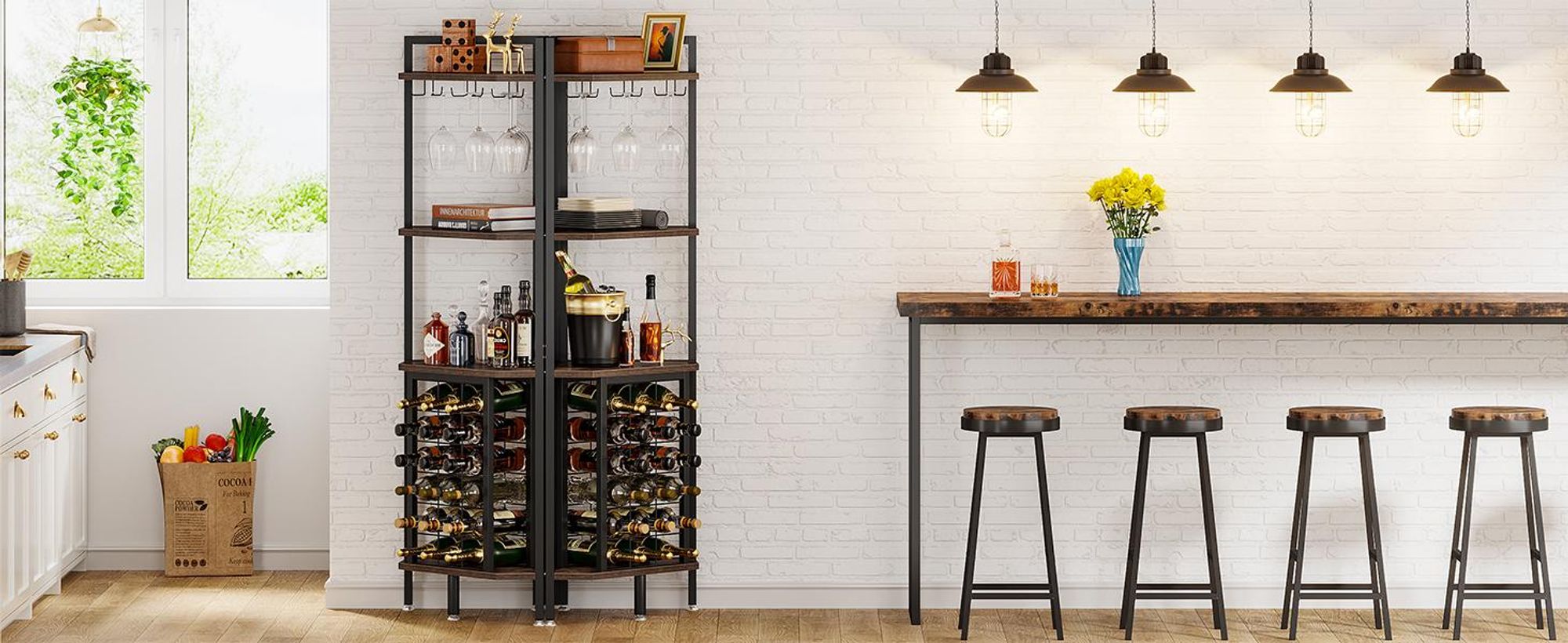 Tribesigns Weinregal Freistehender Boden,4-stöckiges Eck-Weinregal mit Glashalter & Weinaufbewahrung, industrielles Weinregal Weinbar Schrank, Braun