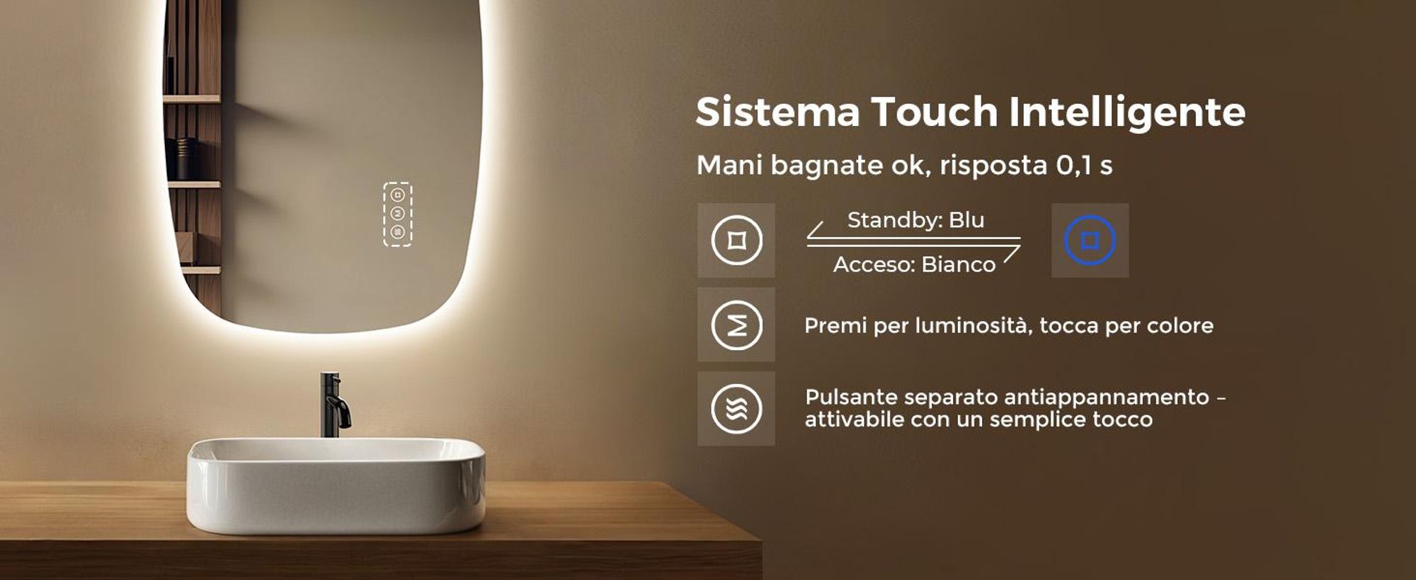 S'AFIELINA 95×60 cm specchio da parete LED - specchio da bagno con illuminazione, vetro HD, dimmerabile, LED a 3 colori, antiappannamento, appendibile in orizzontale e in verticale