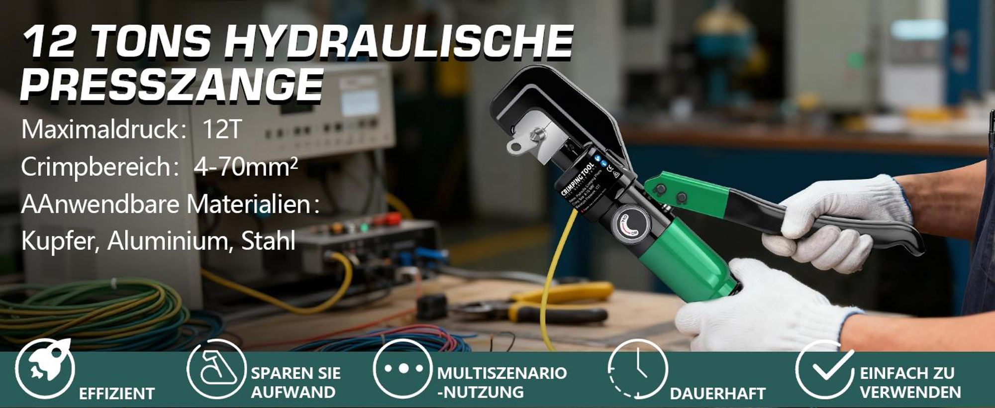 12T/120KN Hydraulische Crimpzange 4–70mm² mit 9 Crimpeinsätzen, Kabelschere und Werkzeugkasten, Drahtmesser für Haushalt, Auto, Industrie, Grün