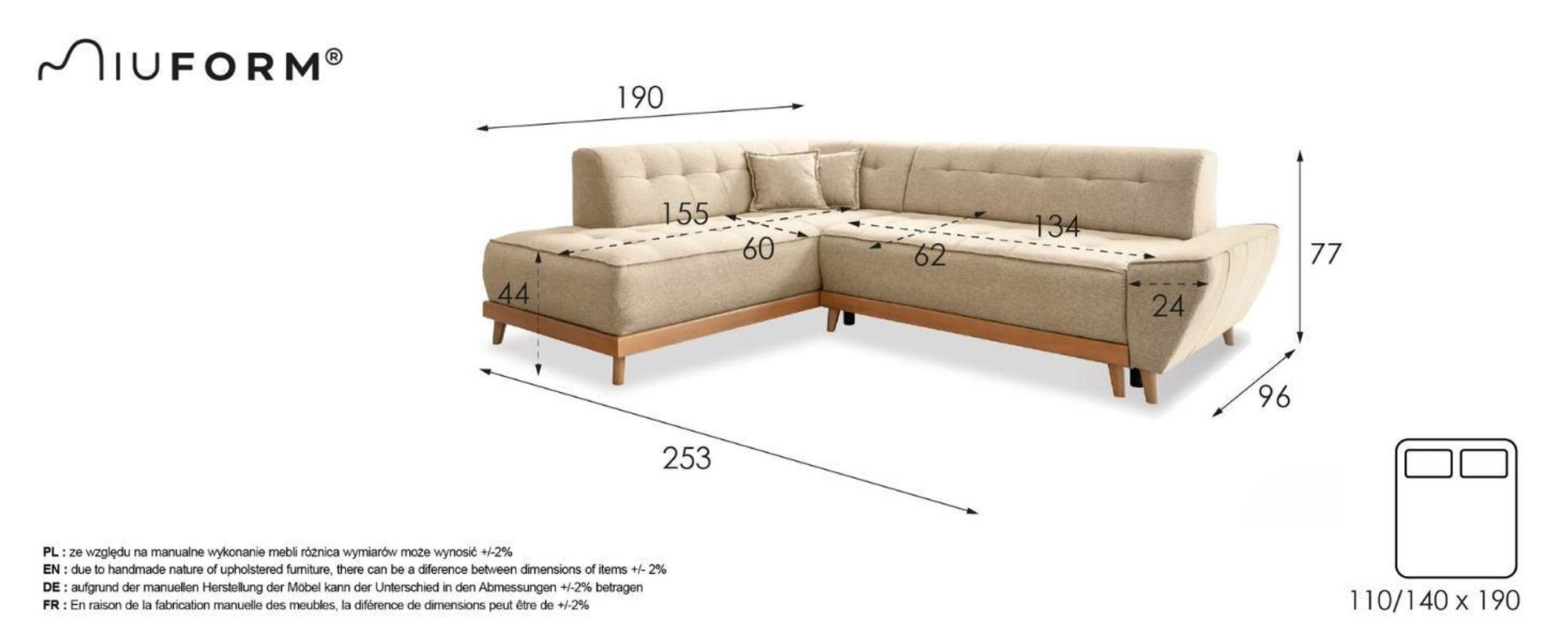 MIUFORM Dazzling Daisy - Ecksofa mit Bettfunktion und Bettkasten L-FORM LINKS - 253x190cm - Türkis - Sofa Schlafsofa Couch