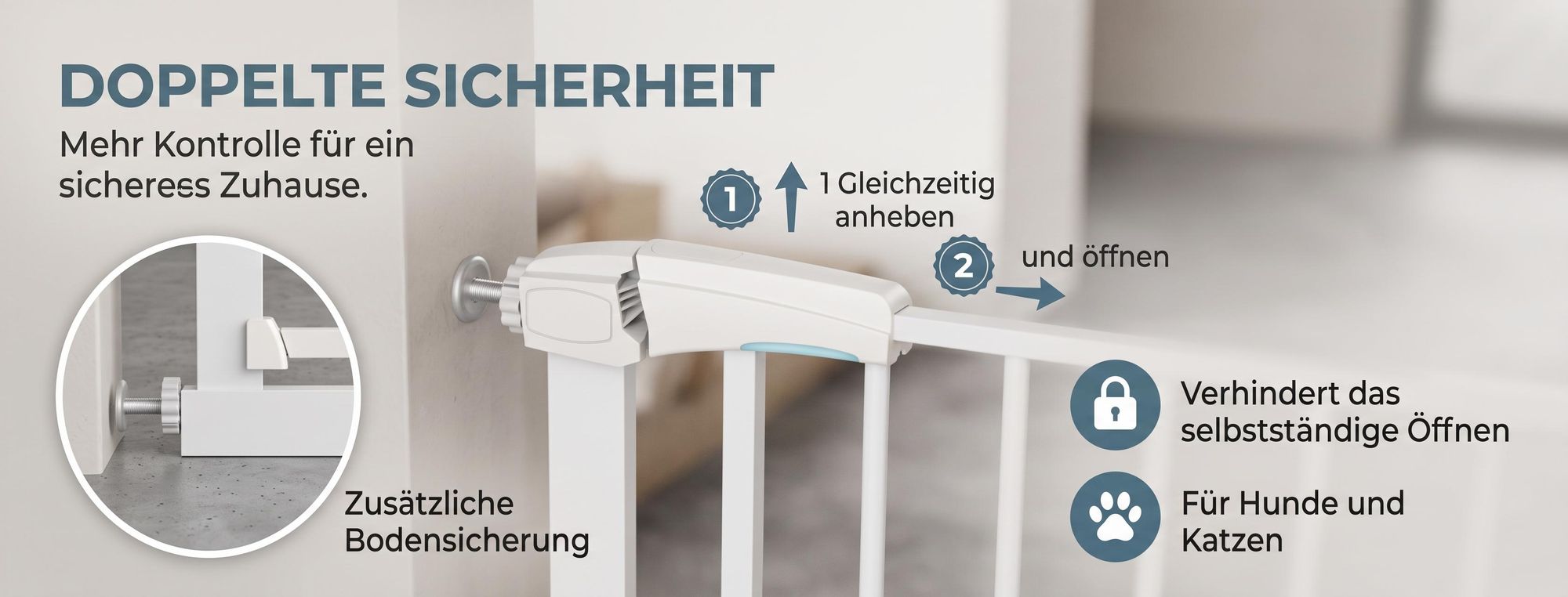 ROSEJANE Treppenschutzgitter ohne Bohren mit Katzenklappe, 75–85 cm, Weiß