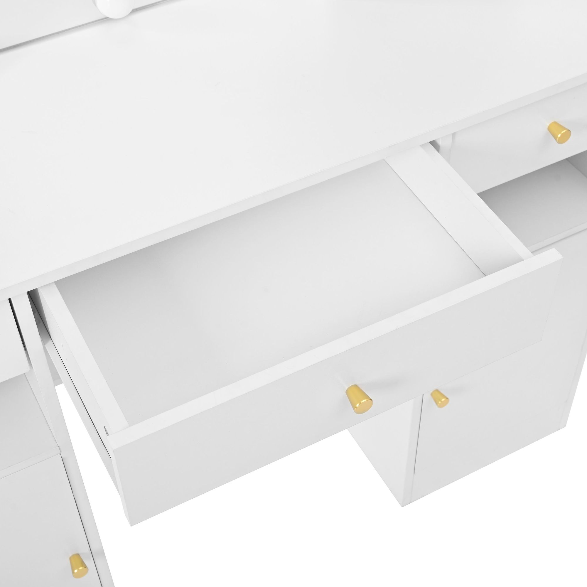 Merax Schminktisch mit Hocker, LED-Spiegel, 12 Glühbirnen, Einstellbare Helligkeit, Kosmetiktisch, 3 Schubladen, 2 Türen, 151×110×40 cm, Weiß