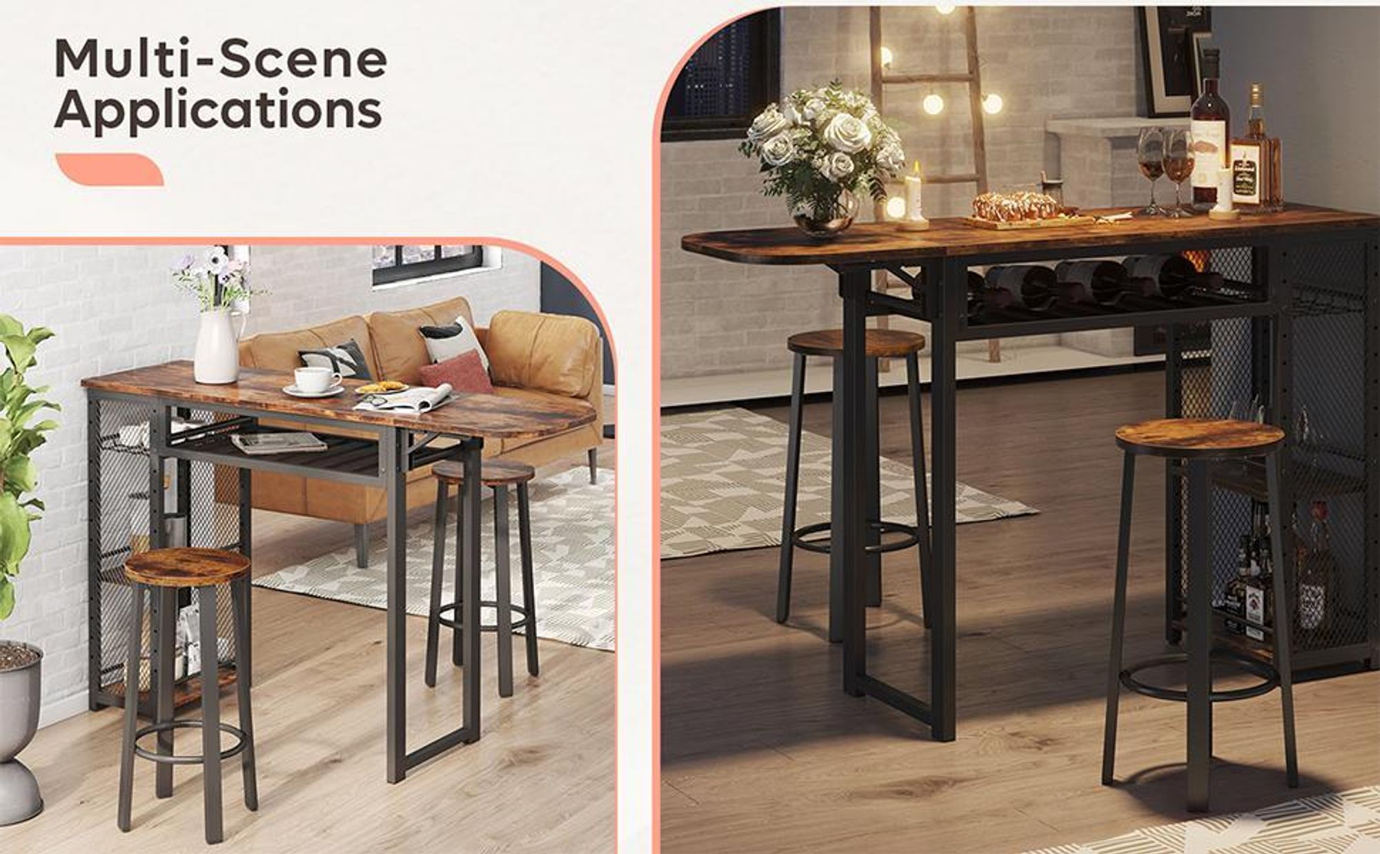 Industrie-Stil Stehtisch Küchentisch & Bartisch mit 2 Barhockern | Esstisch mit Weinglashalter & Ablage | Höhenverstellbarer Stehtisch für Bar, Bistr