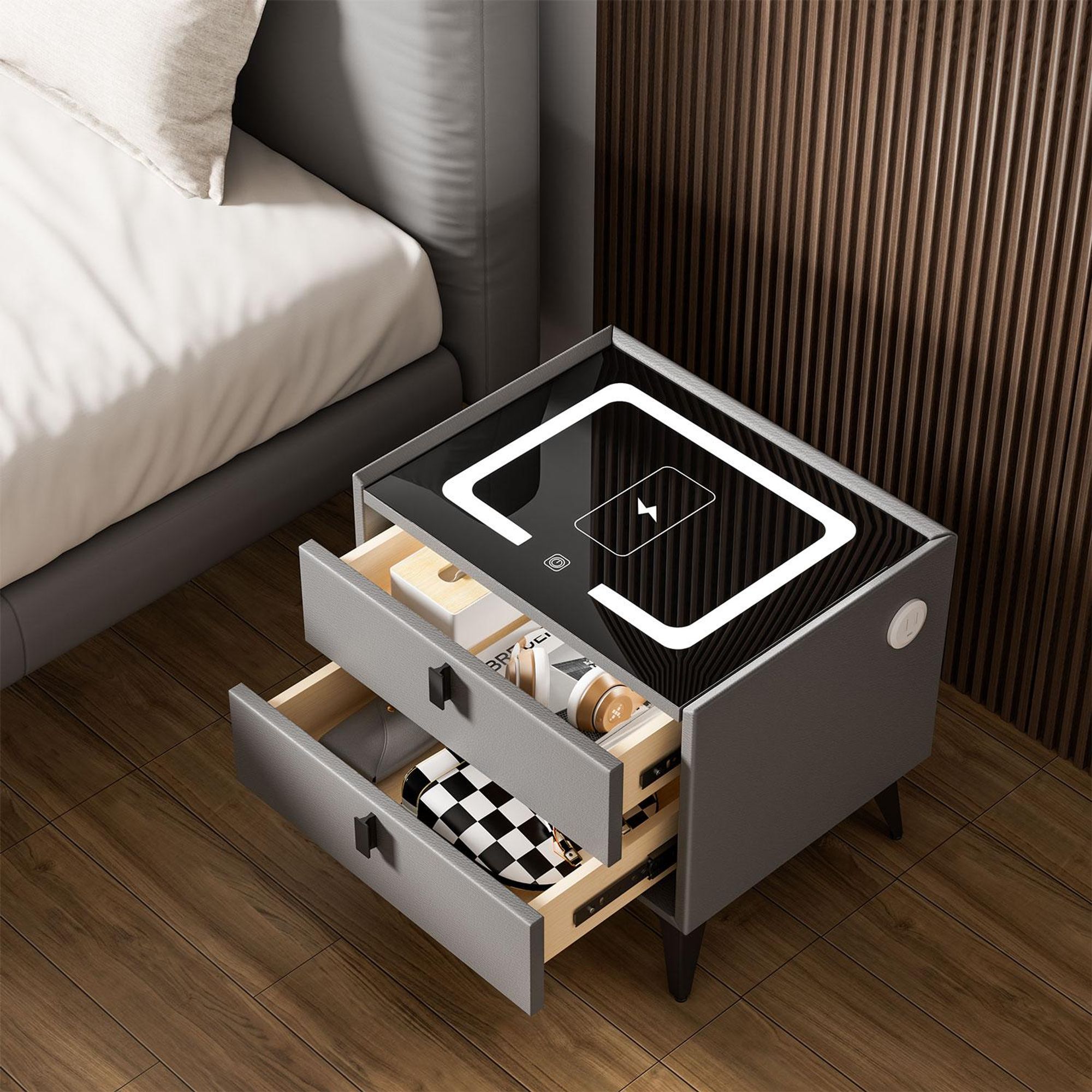 OYAJIA Schlafzimmer Nachttisch Nachttisch mit LED-Beleuchtung, Touch-Sensor-Licht,mit 15W Kabelloses Laden,Beistelltisch mit 2 Schubladen