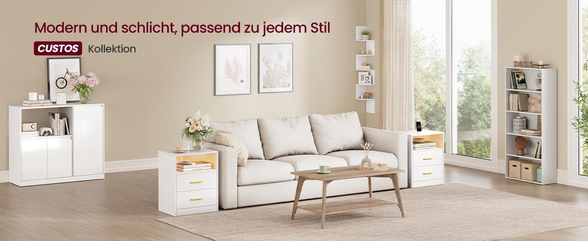 VASAGLE Beistelltisch mit Schubladen, Nachttisch aus Holz, Schlafzimmer, Massivholzbeine, weiß