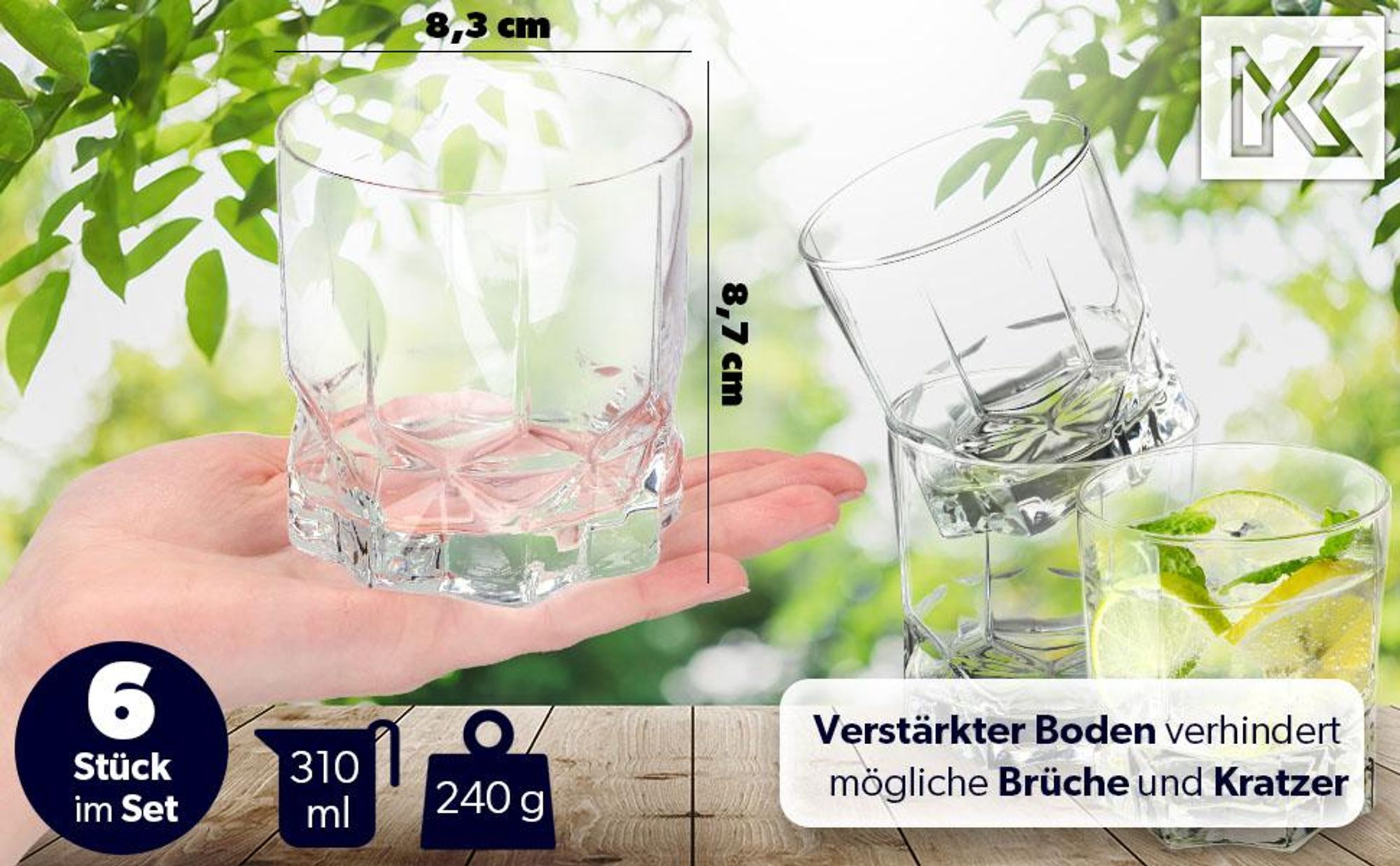 KADAX Trinkgläser, 6er Set, Wassergläser, Saftgläser aus Glas, Gläser für Wasser, Drink, Saft, Party, Garten, Universalgläser, Cocktailgläser, Getränkegläser, modernes Design (325ml, Niedrig)