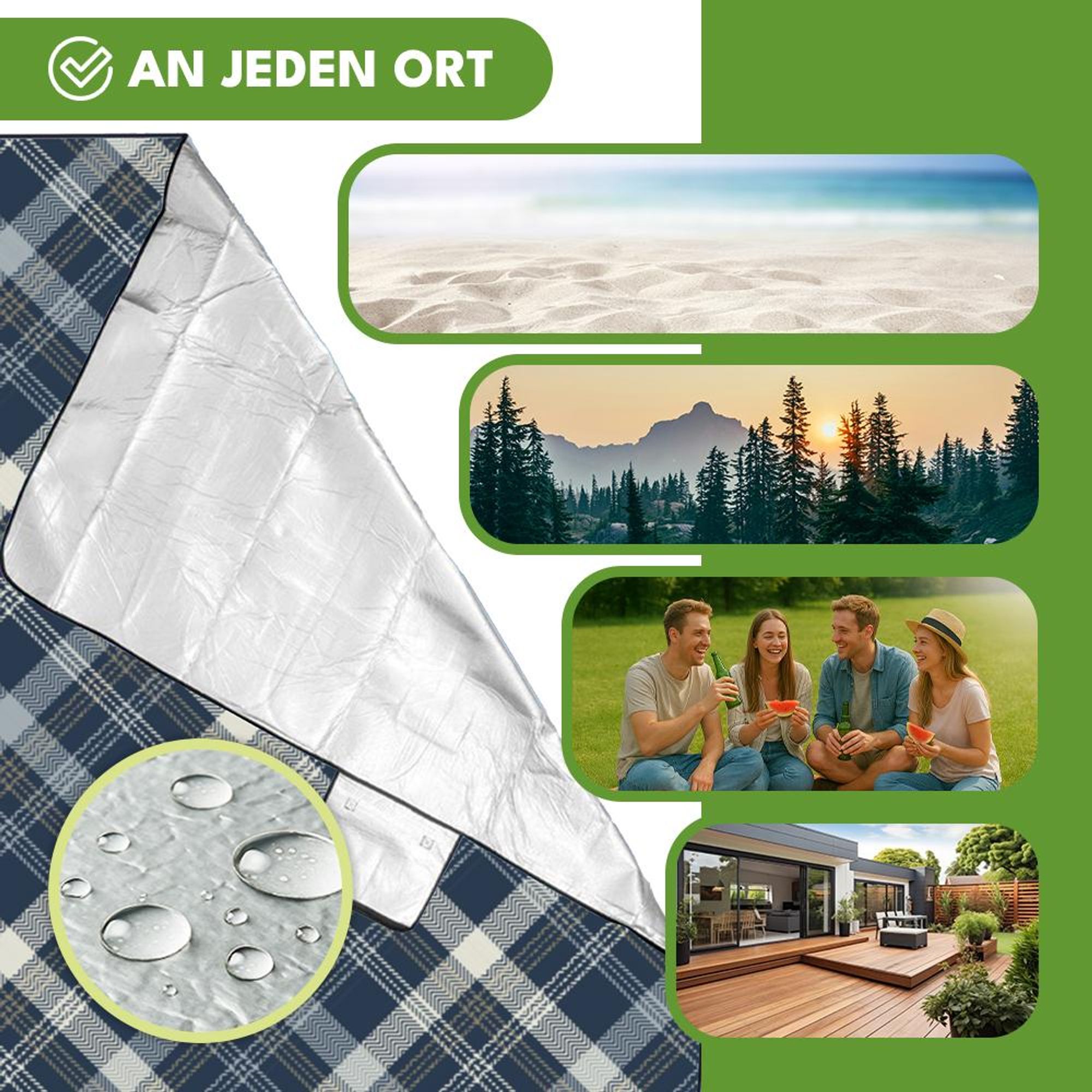 KRUMAD Picknickdecke Wasserdicht 200x200 cm XXL Isoliert Outdoor Campingdecke Faltbar mit Tragegriff Marineblau Beige