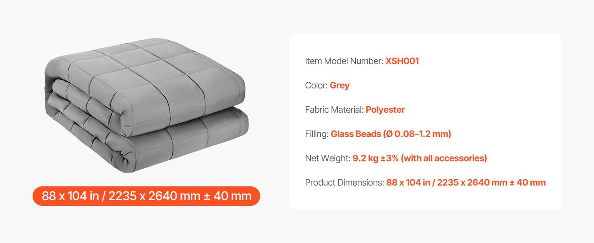 VEVOR Gewichtsdecke, 9 kg, therapeutische Decke, 2235 x 2640 mm, extragroß, für Erwachsene von 90–113 kg, lindert Angst und Stress, grau