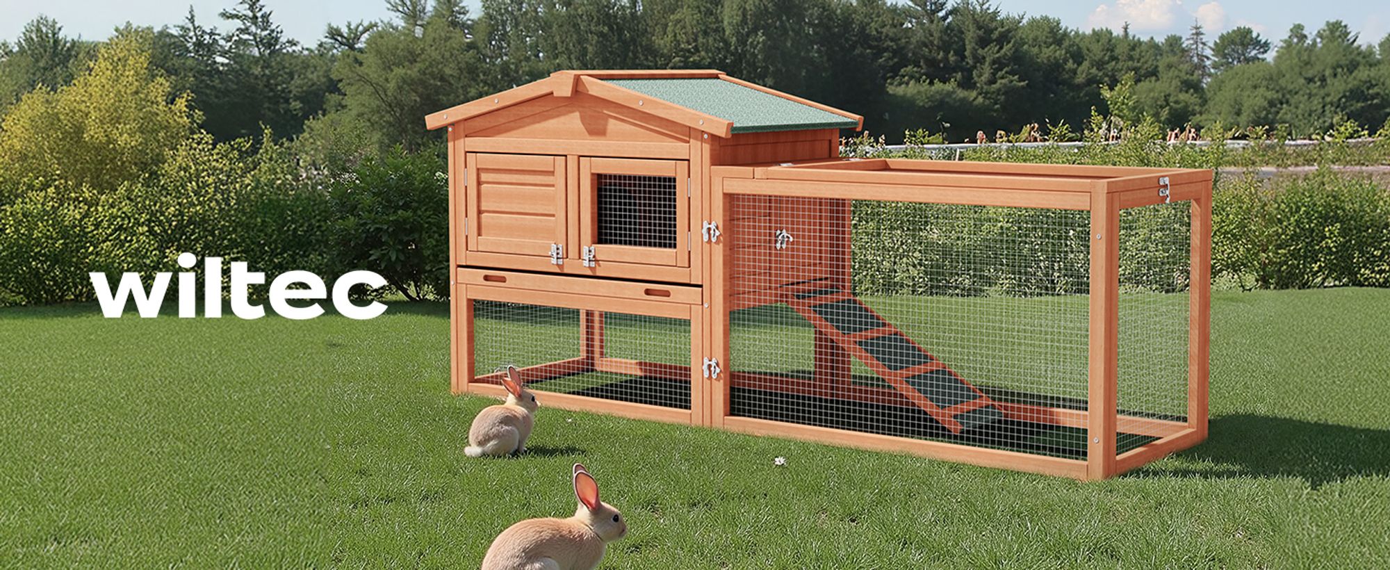 Wiltec XXL Hasenstall 1560 x 520 x 680 mm mit Freilaufgehege und erhöhtem Unterschlupf aus Fichtenholz, Kaninchenkäfig mit 2 Etagen, Kleintierstall