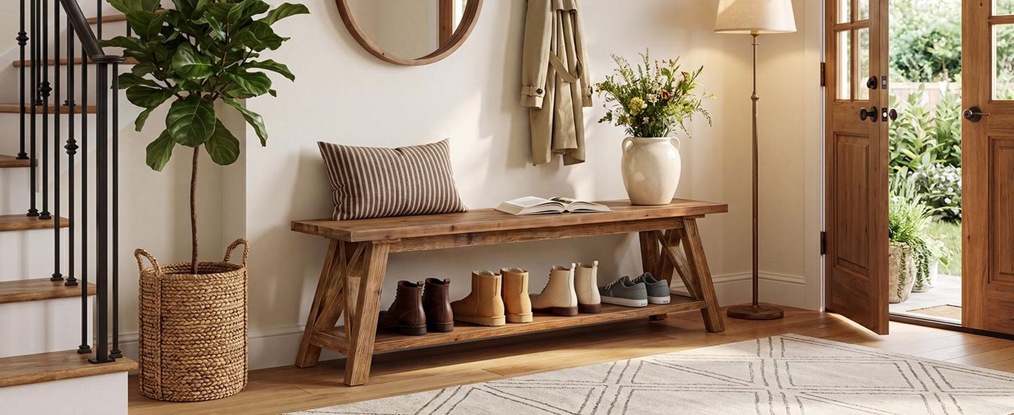 Massive Holz-Eingangsbank, 140 cm lange Schuhbank im Landhausstil mit Ablagefach, schmale Sitzbänke, rustikale Sitzbank aus Naturholz für Flur