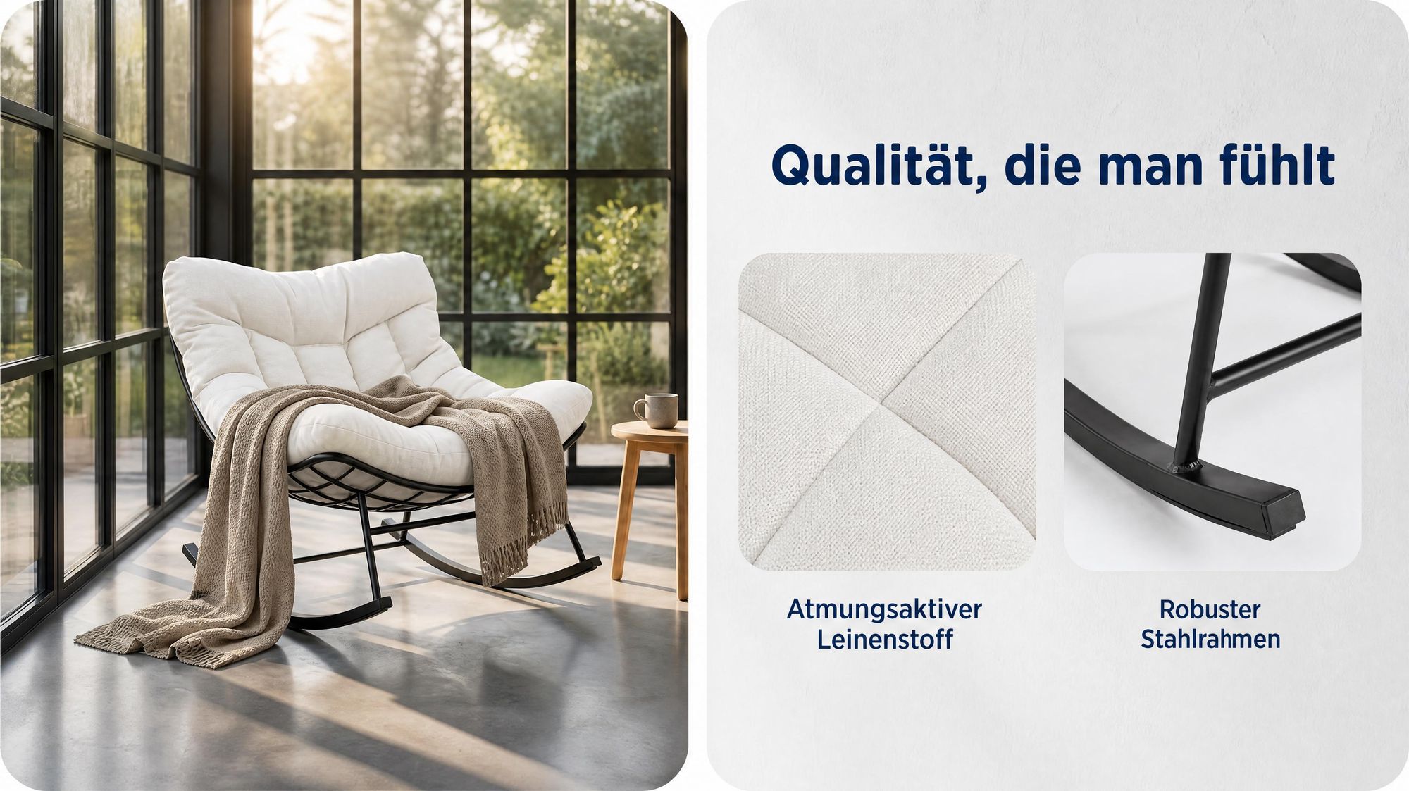Papasan Schaukelsessel Outdoor mit dickem Kissen & Ottomane – Großer Relaxsessel aus wetterfestem Rattan, stabiler Stahlrahmen, Weiß