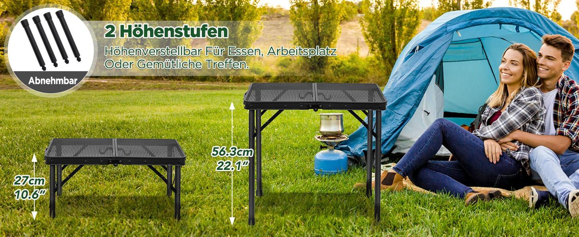 Klapptisch, Campingtisch, klappbarer Gartentisch, Partytisch, Buffettisch, 2 Höhenverstellbar, 60×40cm,für Grillen, Camping, Garten, Balkon, Angeln