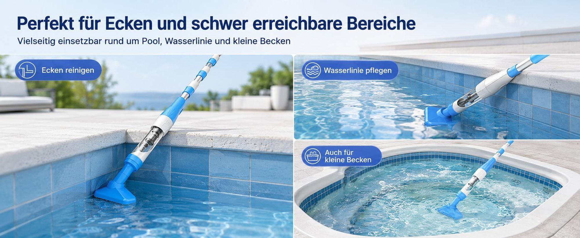 3 in1 Poolsauger Kabelloser, Akku Handpoolsauger, 90 Min Laufzeit, Teleskopstange & Bürste, Mit Filterelement, für Sand und Schmutz, 0.23L, Blau