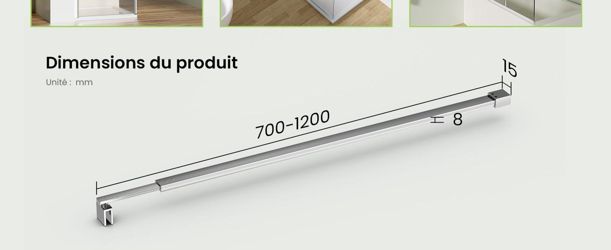 S'AFIELINA barre de support pour paroi de douche 700-1200 mm, acier inoxydable, stabilisateur de mur à verre pour verre de 8/10 mm, porte de douche ou paroi latérale fixe, 1 pièce