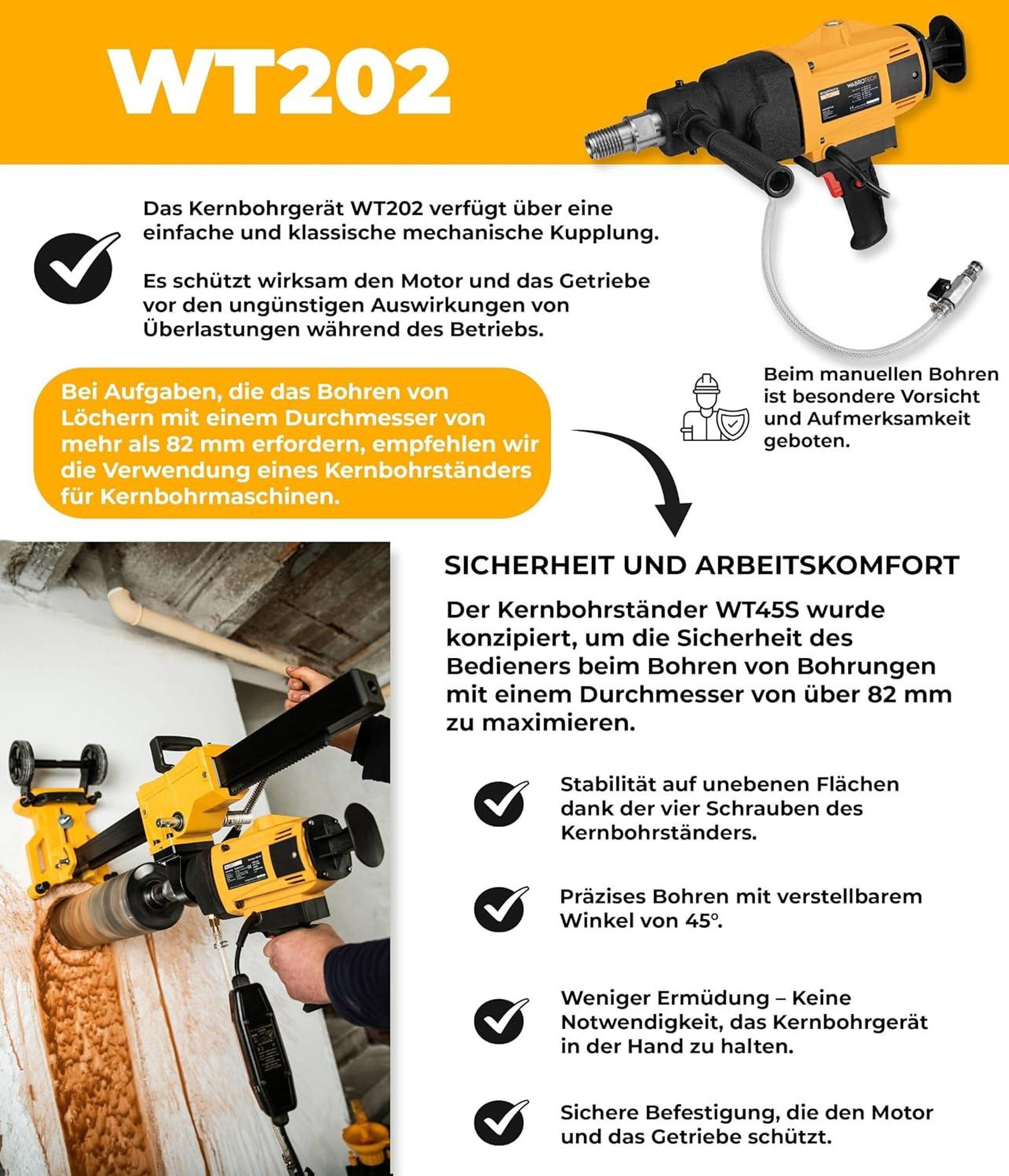 Robustes WABROTECH WT202 Kernbohrgerät für professionelle Bohrarbeiten auf Baustellen