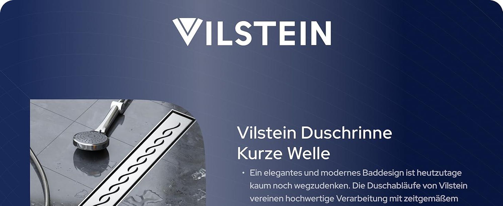 VILSTEIN Duschrinne 60cm, Edelstahl Bodenablauf Komplettset, extra flach, Siphon mit Geruchsstop, Haarsieb - Kurze Wellen