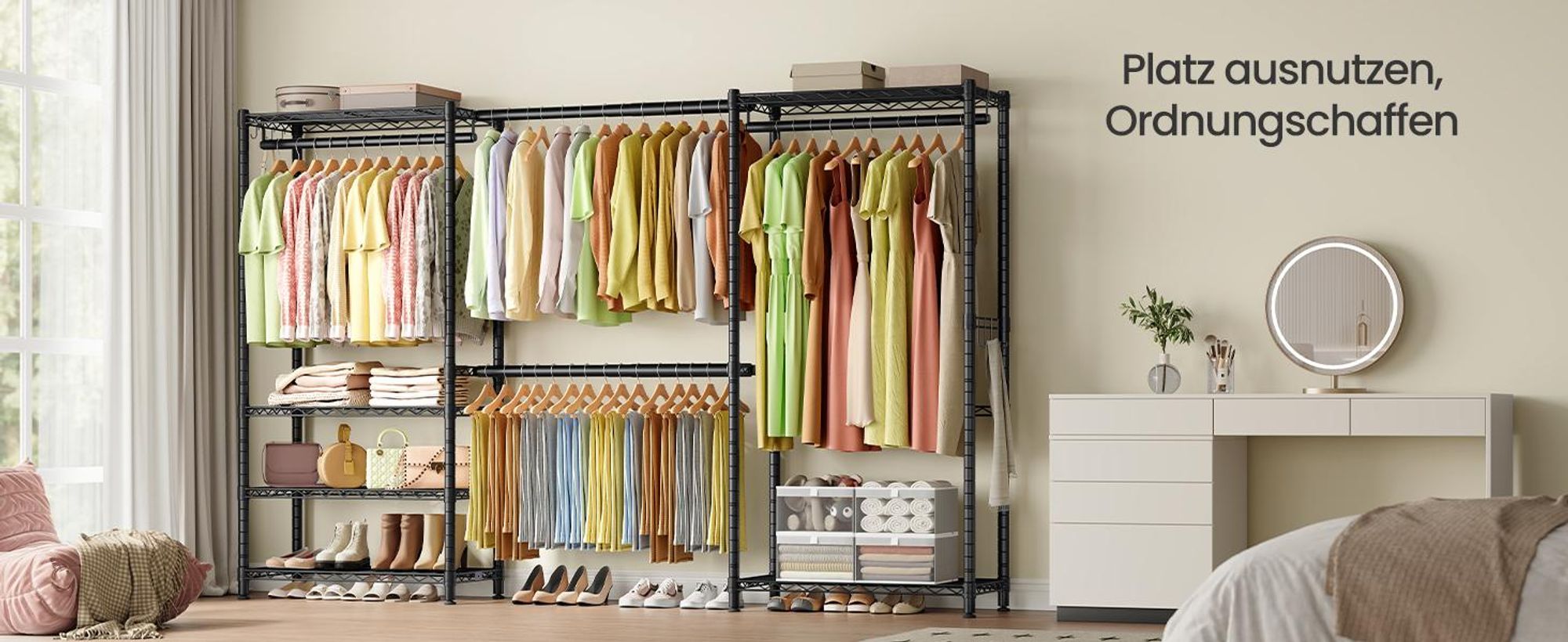 SONGMICS Garderobenständer mit Haken, offener Kleiderschrank, verstellbare Ablagen, für Schlafzimmer, ausziehbar, schwarz