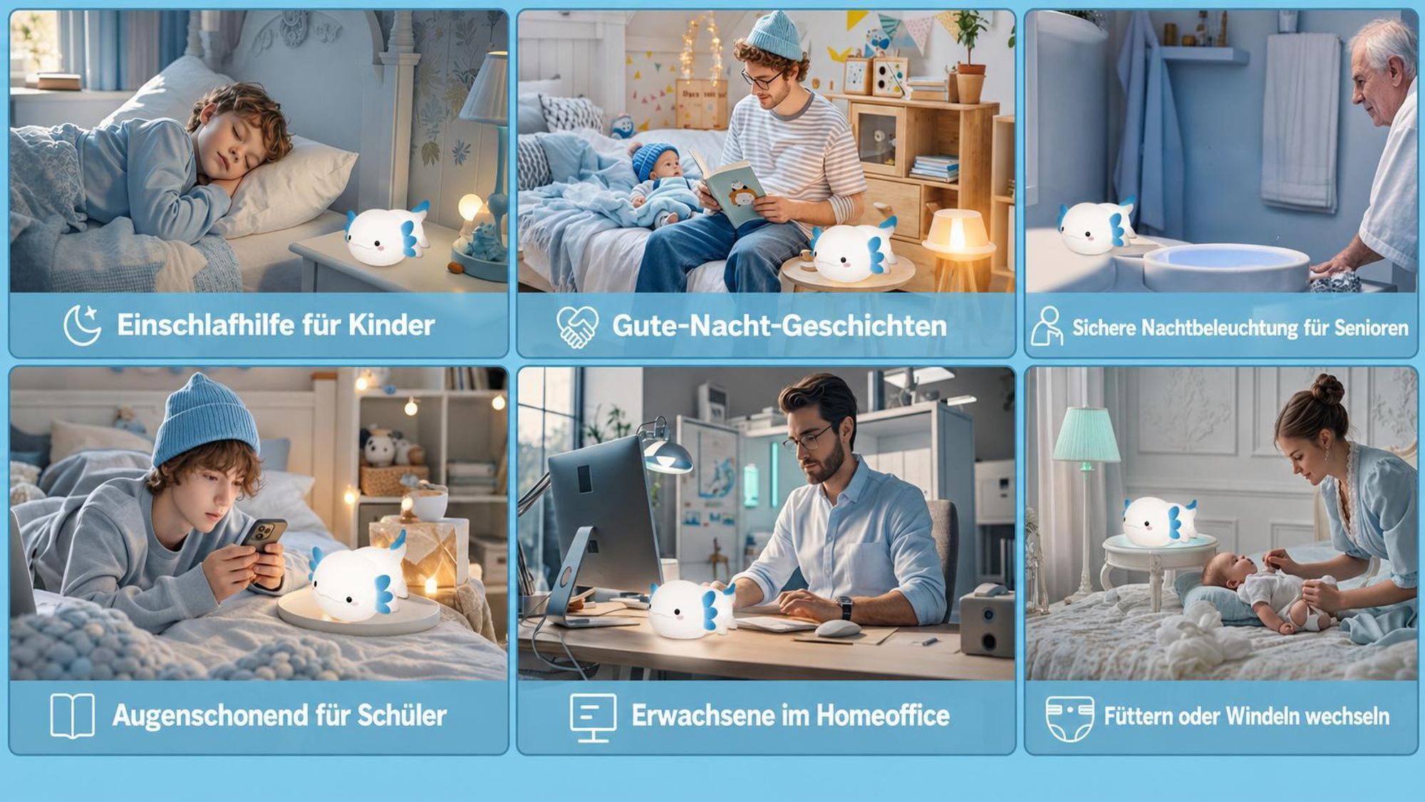 LED Axolotl Nachtlicht,Verstellbares Silikon -Nachtlicht,USB -Ladebett -Nachttischlampen,Berührungssteuerung,Geschenk mit Timer,Babyzimmerdekor,Blau