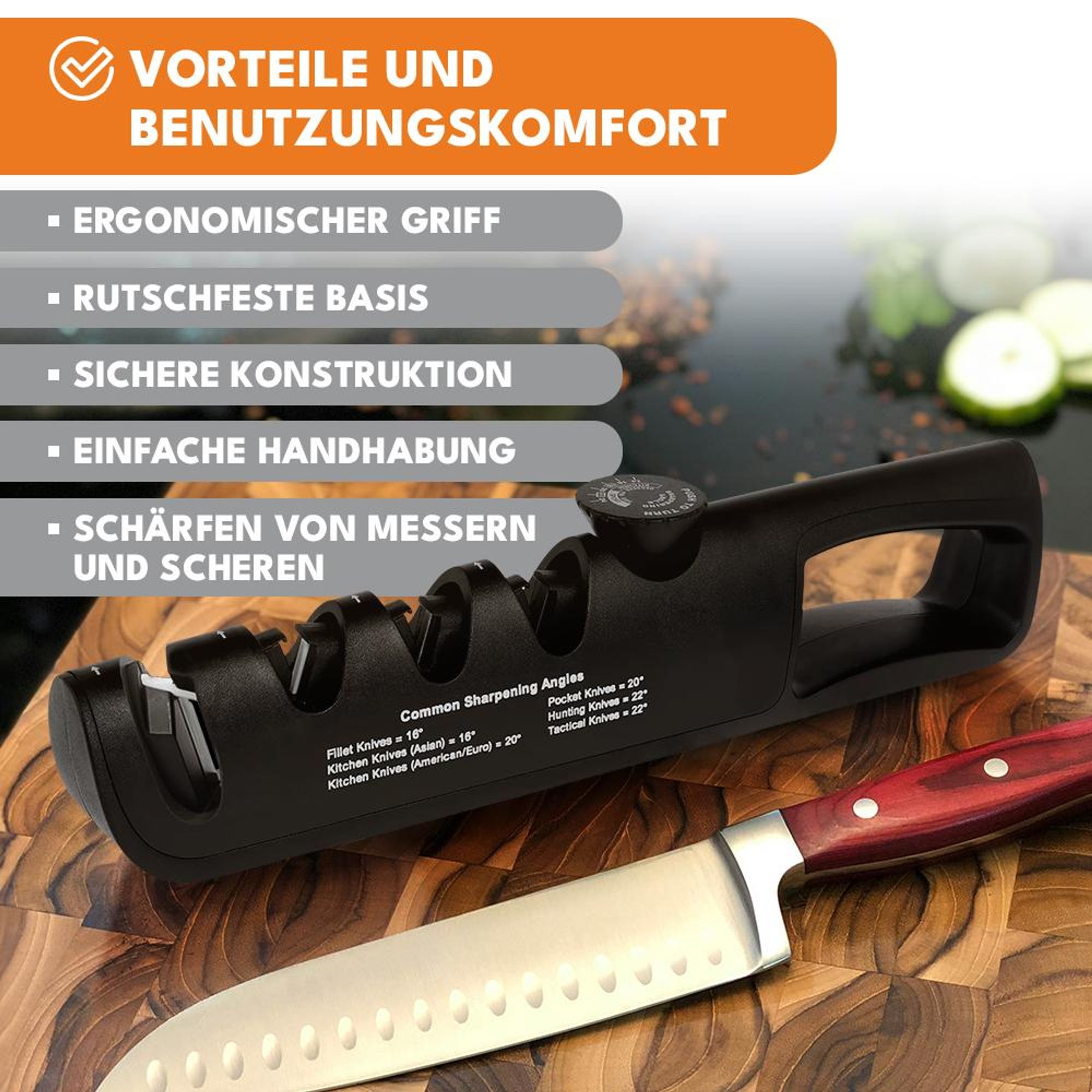 KRUMAD Messerschärfer 3-stufig, einstellbarer Winkel - Professionelle Schärfung für Küchenmesser, Outdoor-Messer, Klappmesser und Scheren