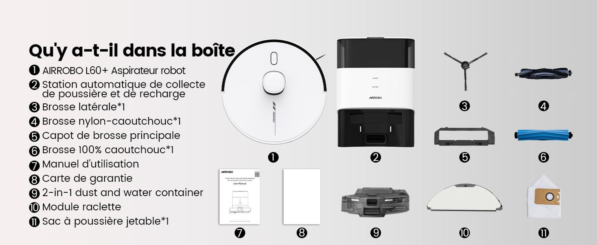 Robot aspirateur AIRROBO L60+ avec fonction de lavage, vidage automatique du bac à poussière, navigation LiDAR, 12 000 Pa, adapté aux tapis et aux poils d'animaux