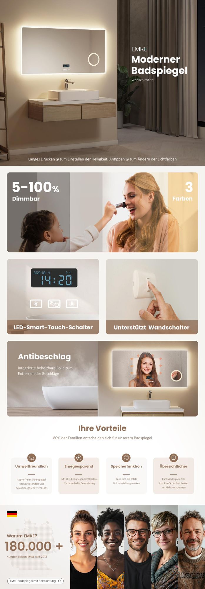 EMKE Badspiegel mit 3X Vergrößerung Touchschalter 3 Lichtfarben Dimmbar Antibeschlag Uhr Bluetooth 100X60cm