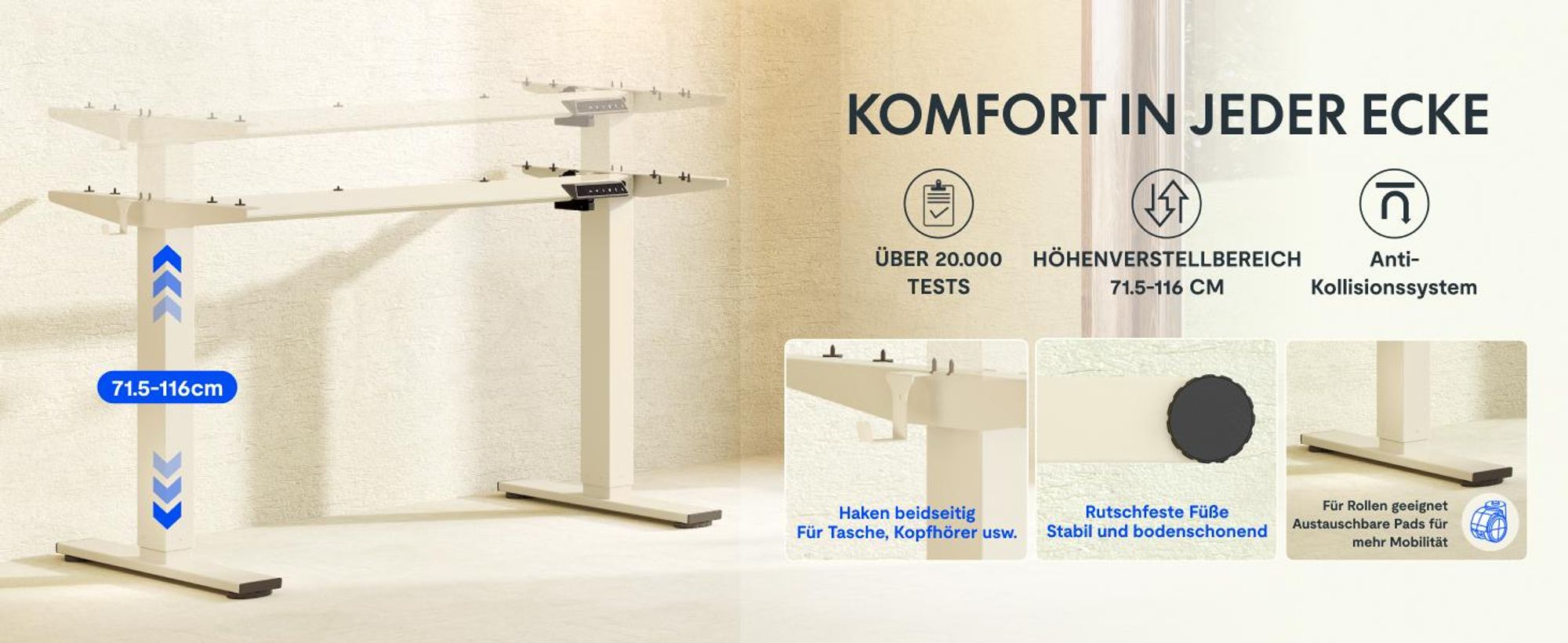 FlexiSpot EN1 Höhenverstellbarer Schreibtisch Gestell mit 2 Haken und Höhenmemory-Funktion&LED-Höhenanzeige, Elektrisch Tischbeine Mousseweiß