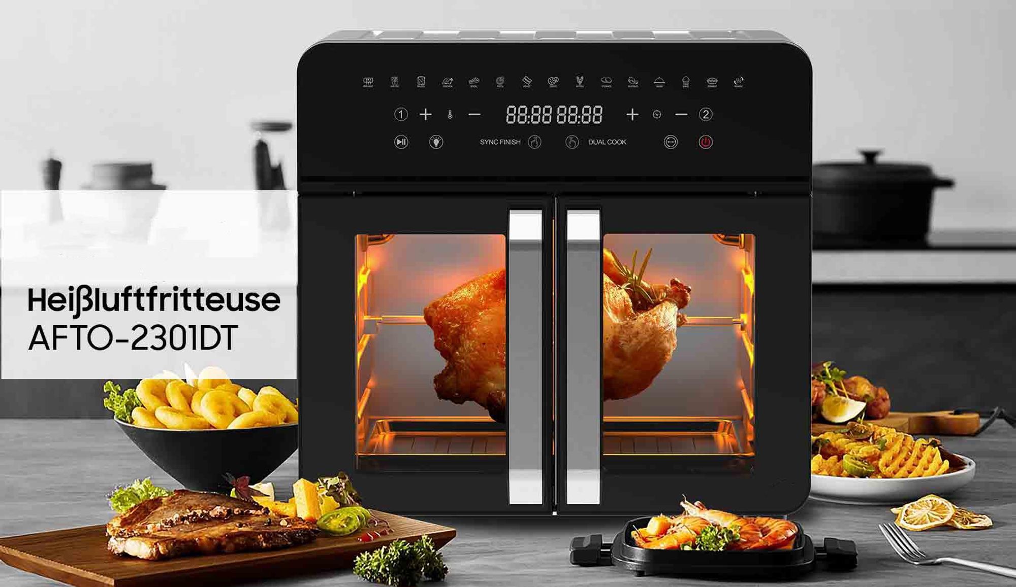 Heißluftfritteuse 23 L XXL | Airfryer mit Doppeltür & Sichtfenster, 15 programme, LED-Touch, Dual-Zone mit herausnehmbarer Trennwand, 2200 W
