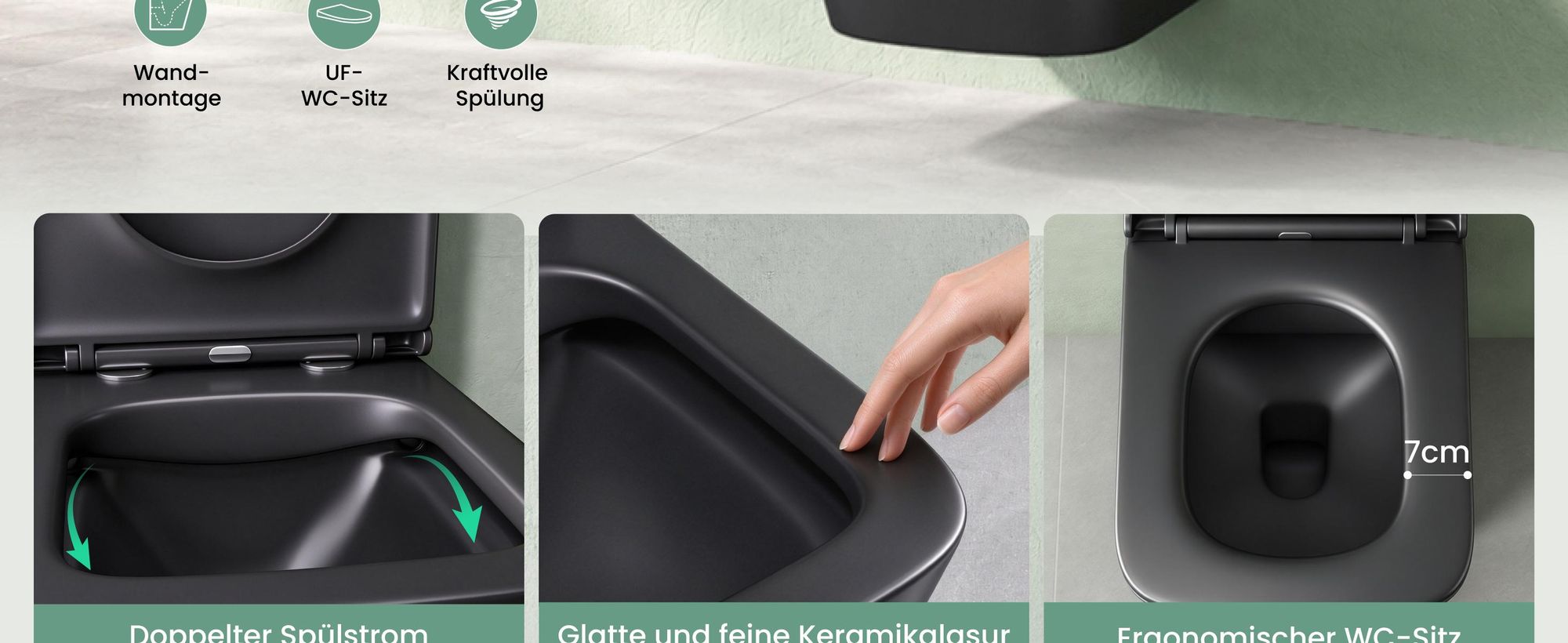 Mai & Mai Spülrandlos Wand-WC Hänge-WC Toilette inkl. Softclose WC-Sitz Absenkautomatik Hänge-Toilette easyclean Schwarz matt Aachen112