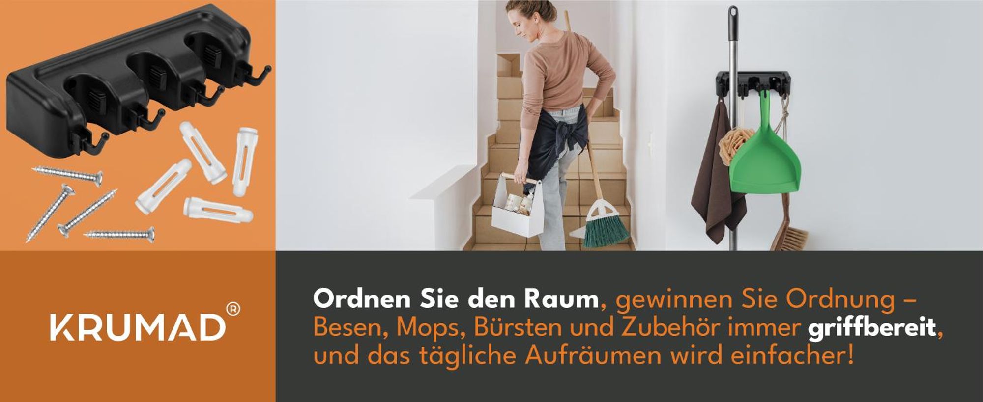 KRUMAD Besenhalterung Wand, 3 Regale und 4 Haken für Gartengeräte, Kompakter Werkzeughalter, Robustes PP+TPE Material, Ideal für Garage und Abstellrau