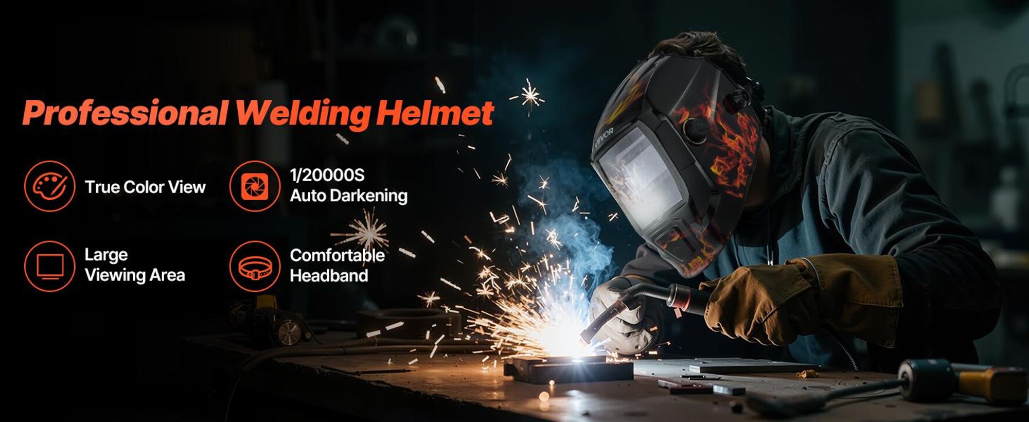 VEVOR Schweißhelm mit automatischer Abdunkelung, 100 x 59,4 mm True Color Schweißhaube, solarbetriebene Schweißmaske mit 4 Lichtbogensensoren, breiter Schutzbereich 4/5-9/9-13 für TIG MIG ARC Schweißen Schleifen Schneiden - METIS Serie, 93x43 mm-a, Gelbe Flamme