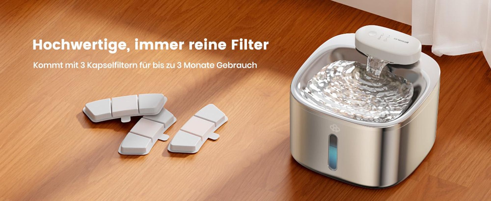 Oneisall Trinkbrunnen Kabellos, 3.5L mit Bewegungsmelder, 60 Tage Batteriesdauer