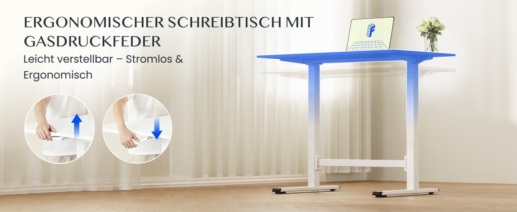 FLEXISPOT Gasfeder Höhenverstellbarer Schreibtisch 100×60 cm – stufenlos manuell verstellbar, Steh-Sitz-Tisch ohne Strom, mobil mit Rollen (Weiß)